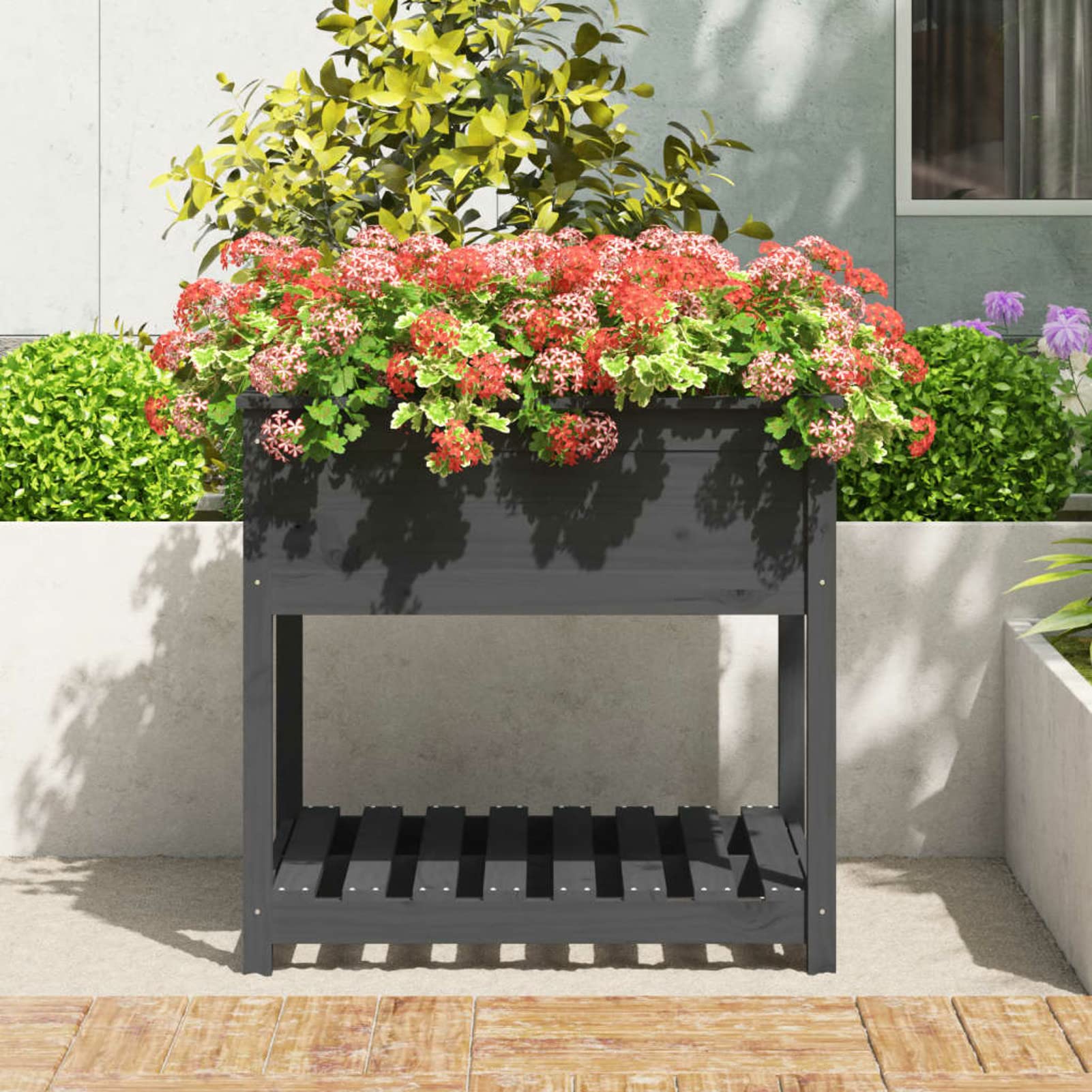 Fioriera con Mensola Grigia 82,5x82,5x81 cm Legno Massello Pino,Letto per Orto Rialzato in Legno Orto Pensile Urbano con Ripiano Inferiore per Piante da Giardino