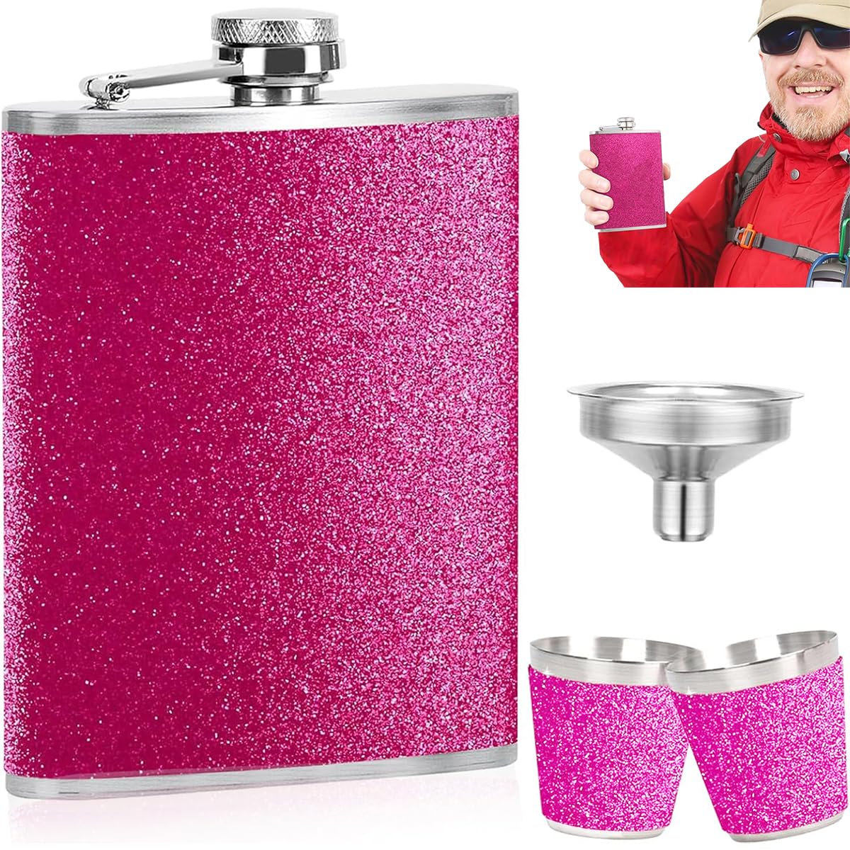 Piersiówka ze stali nierdzewnej 8 oz/240 ml, różowy, brokat, z 2 sztukami kieliszków do wódki, przenośna różowa piersiówka dla mężczyzn i kobiet, do whisky, rumu i wódki, na podróż, imprezę, kemping