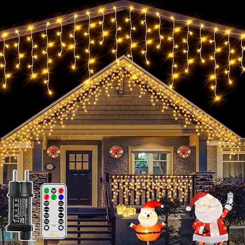 Ollny Eisregen Lichterkette außen 12m 504 LEDs Weihnachtsbeleuchtung außen warmweiß mit Fernbedienung, wasserdicht Lichterkette außen mit 8 Modi Timer für Balkon Haus Weihnachtsdek