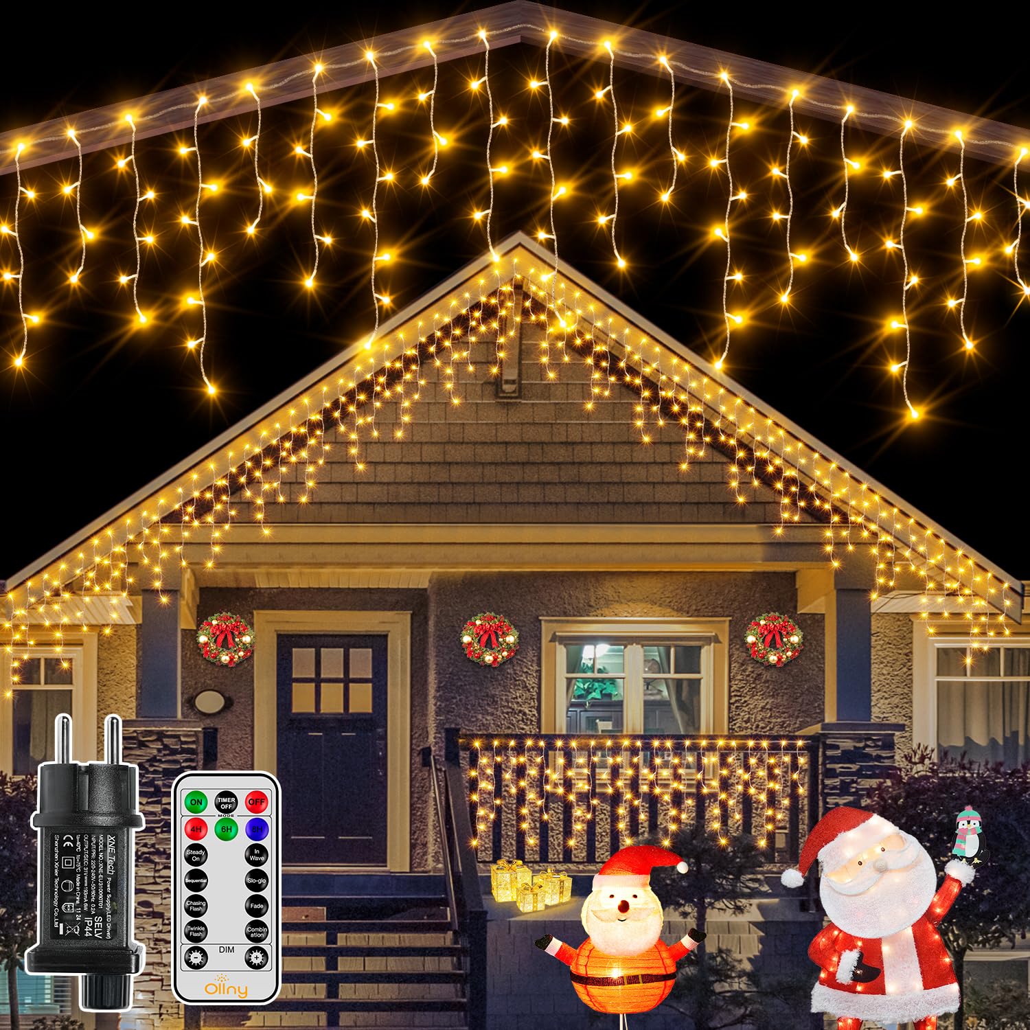 Ollny Guirnalda Luces Exterior 10M/15M, Cortina de Luces 8 Modos Impermeable Cascada Luces Decoración de Interiores y Exteriores para Navidad, Fiestas Jardín Balcon Ventana (Blanco cálido, 12M)