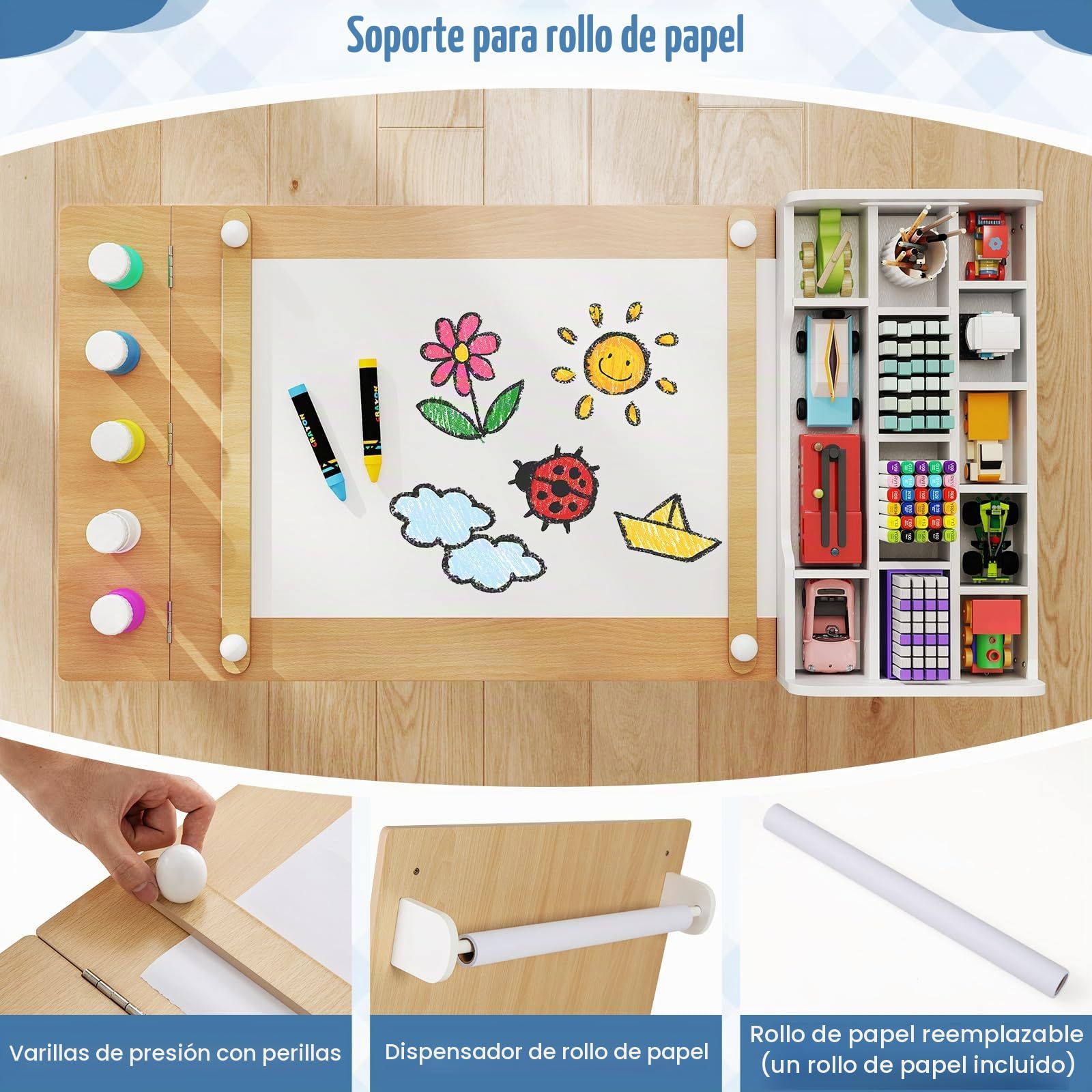 GOPLUS Mesa de Arte 2 en 1 con 2 Sillas, Juego de Sillas para Niños con Tablero de Mesa Plegable, Portarrollos de Papel, Barras de Presión y Estantes, Juego de Muebles Infantil (Natural)