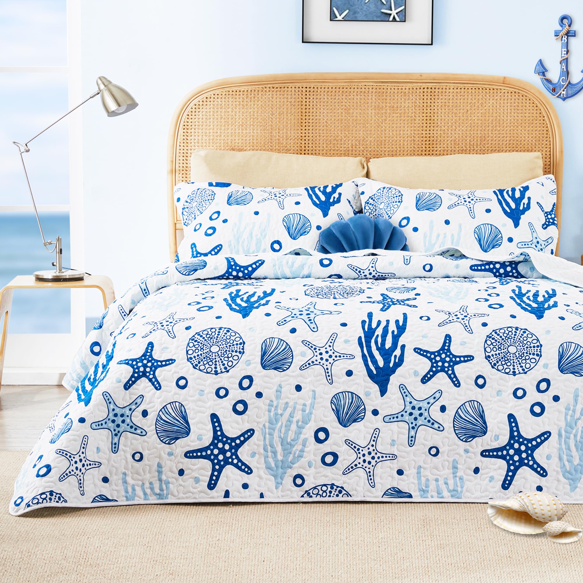 Love's cabin Quilts for Queen Coastal White Bedspreads Bedding Set - Summer Beach Nautical Quilt Lightweight Bedspread - Reversible Bedding Coverlet for All Season - 3 Piece (1 Quilt, 2 Pillow Shams)