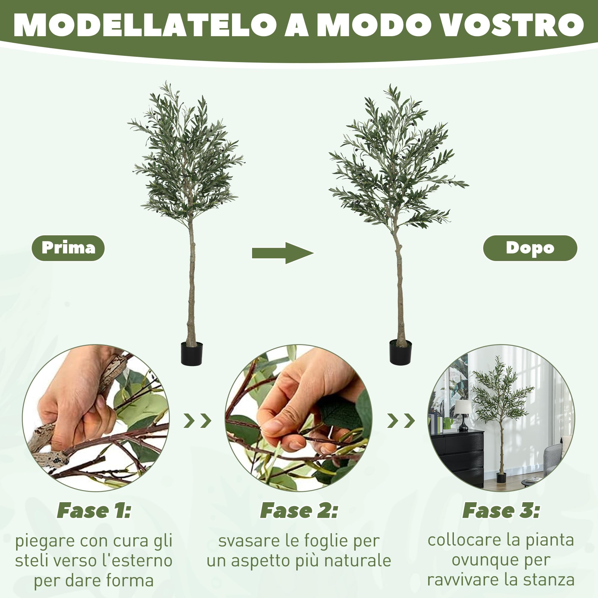 HOMCOM Pianta Artificiale di Olivo Alta 180 cm, Albero Finto da Interno | 900 Foglie, 40 Olive, Vaso Incluso, Alberello Decorativo, Salotto Ufficio Ingresso