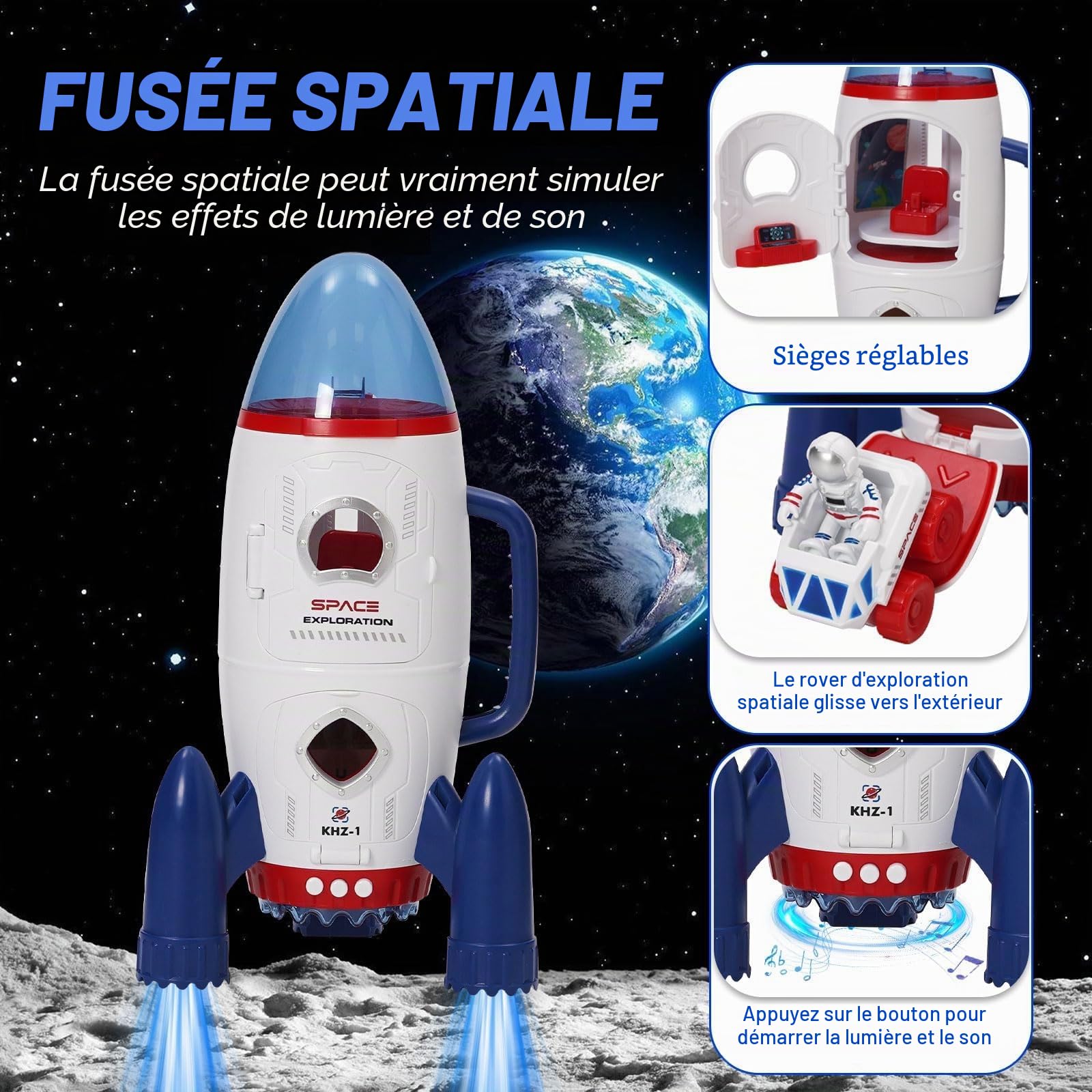 Fusée Jouet Espace pour Enfants, Toys spatiaux pour Les Enfants avec Astronautes Fusée Effets Sonores et Lumineux, Jouet pour garçons et Filles, kit de Jeu d'exploration d'astronautes