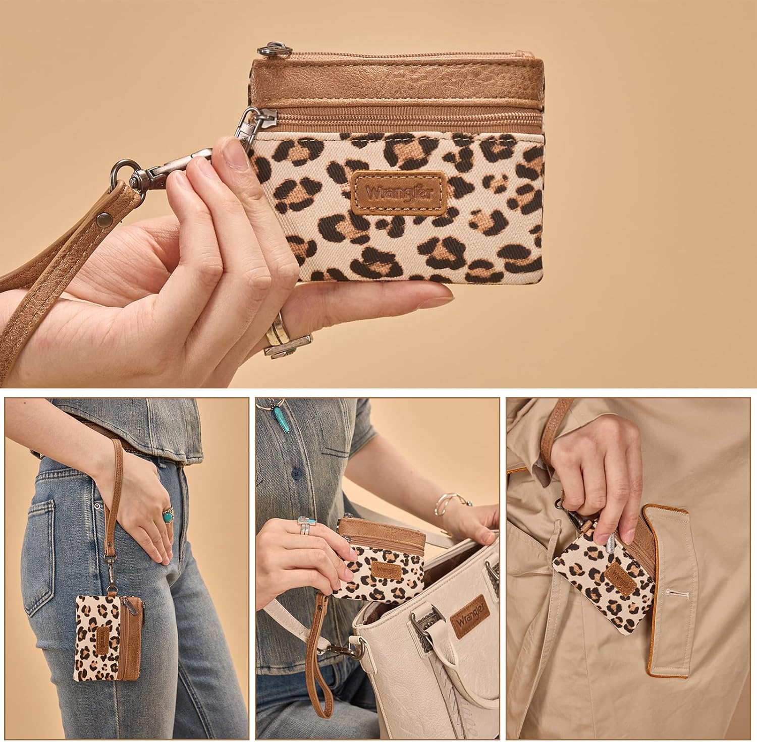 Montana West Wrangler Small Wallet for Women Leopard Print Wristlet Wallets Mini Change Pouch Tan - Image 2