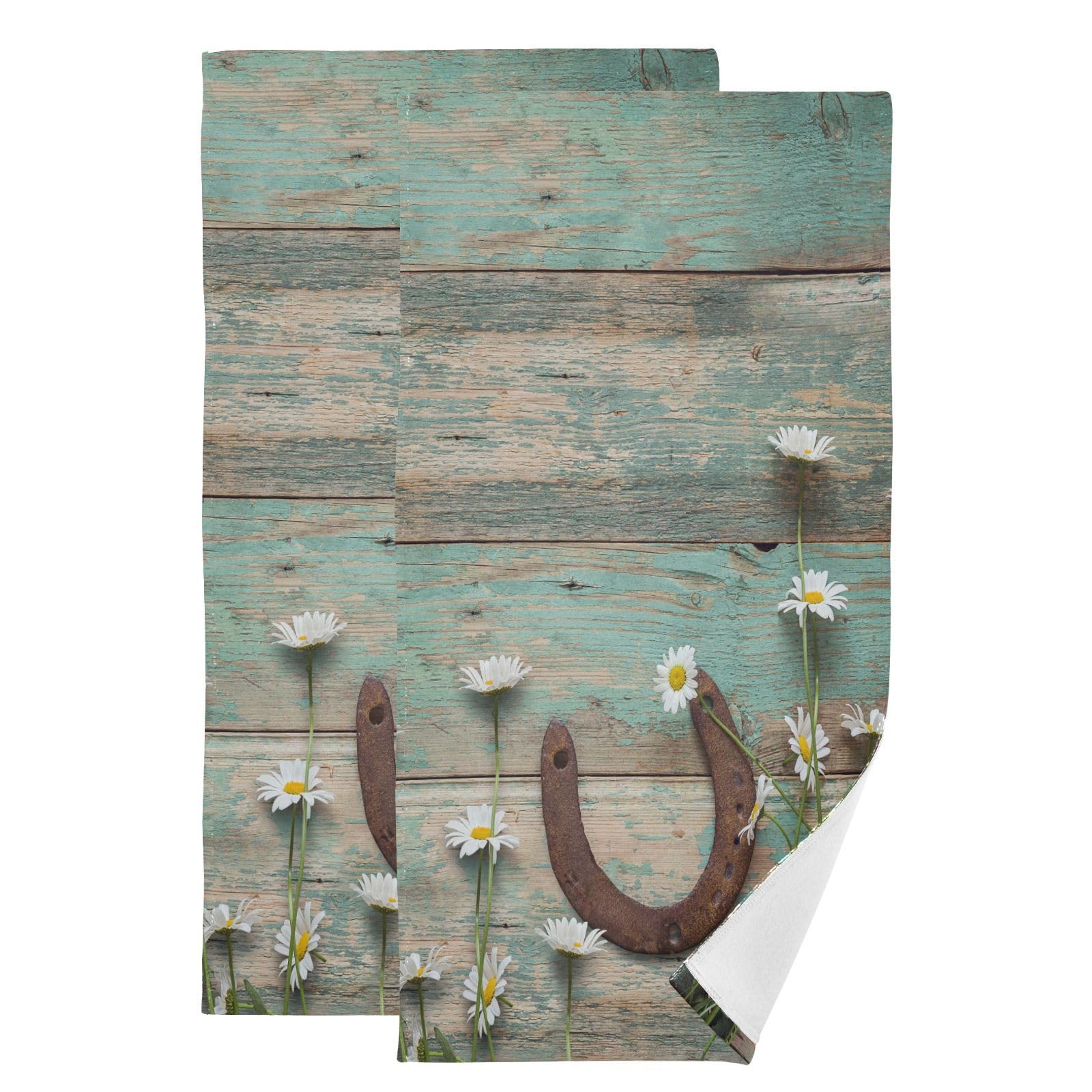 KENADVI Rustic Rusty Horseshoe Hand Towels Set of 2 Soft White Daisy Flower Vintage Wooden Barn Door Plank Bath Fingertip Towels Decorative Hand