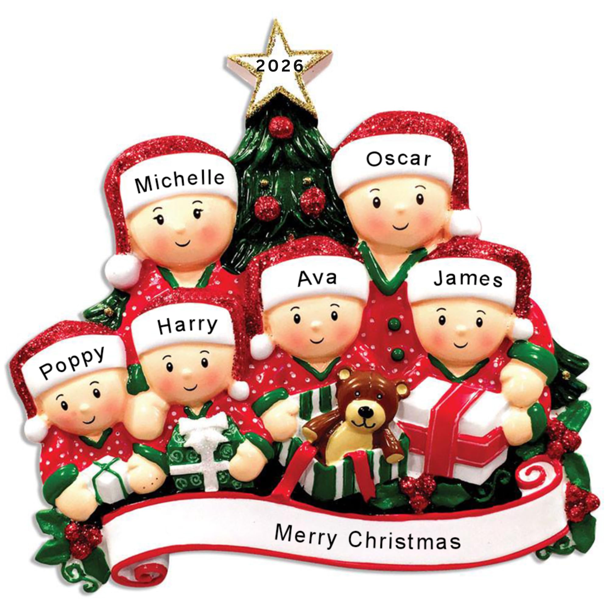 Personalised Family of 6 Opening Presents Christmas Tree Decoration Ornament 2026, Customised Red Matching Pyjamas Xmas Decor, Custom Pyjamas Names Keepsake Gift for Family of Six