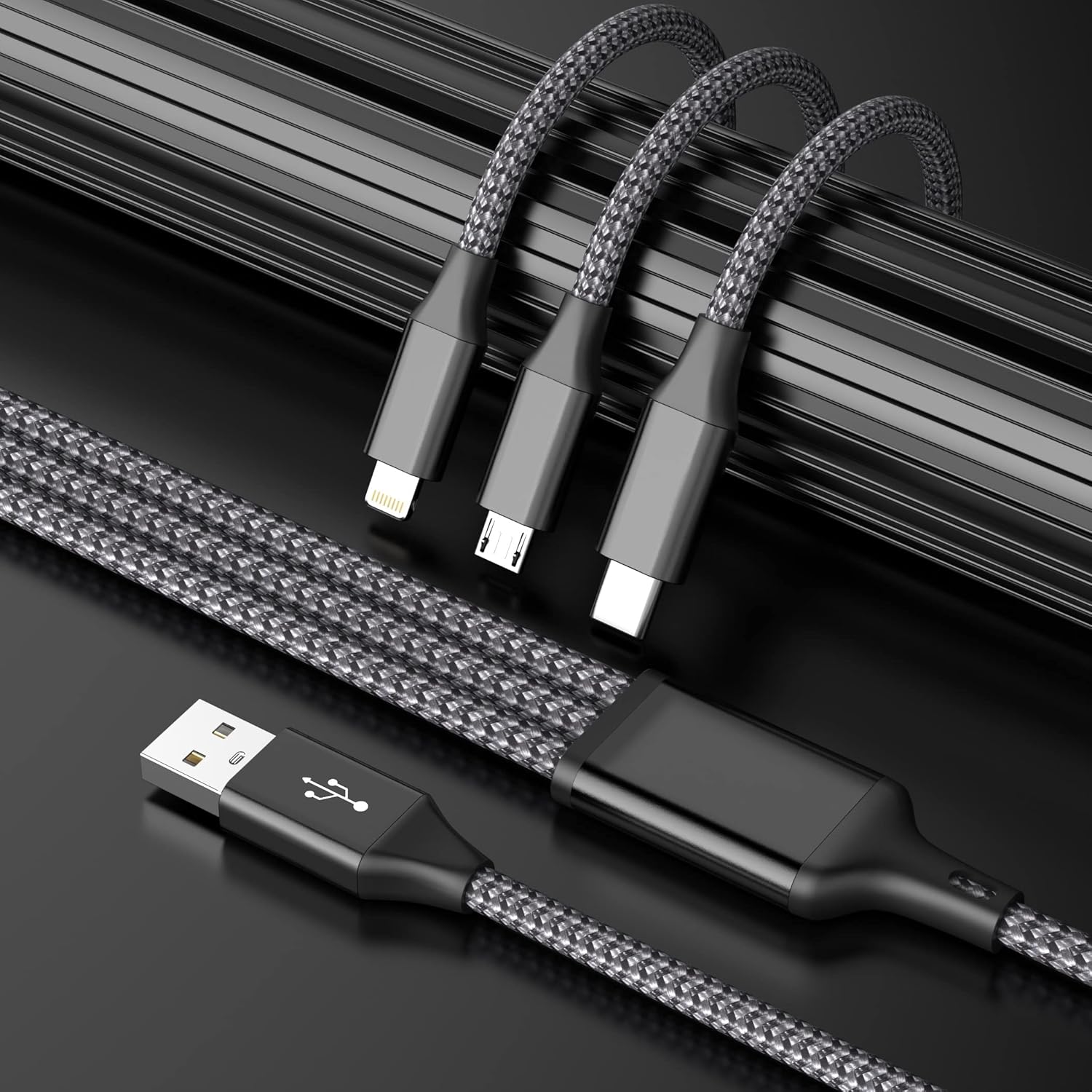IDISON Multi Charging Cable(2Pack 4FT), 3 in 1 Charger Cable Nylon Braided Multiple USB Cable Universal Charging Cord with Type-C, Micro USB and IP Port for Cell Phones and More
