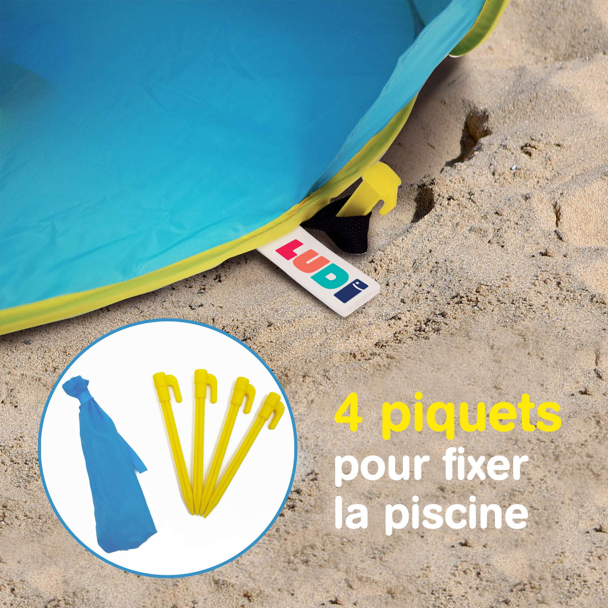LUDI - Piscine Pop-Up Multifonction pour Bébé - Avec Tente Anti UV 50 et Filet - Protège du Vent, du Soleil et du Sable - Piscine et Tente de Plage - À Partir de 10 Mois
