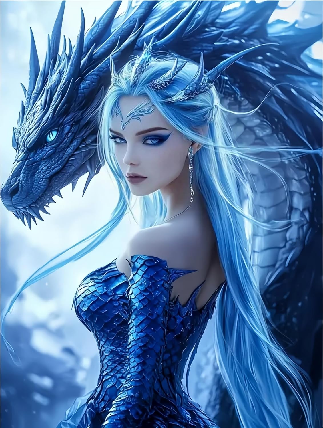 Dragon Woman 5D Diamond Art Kits for Adults Beginners,Winter DIY Full Round Drill Diamond Painting Kits, Paint by Diamonds Dots Gem Art Crystal Easy,Home Wall Decor 12X16 Inch