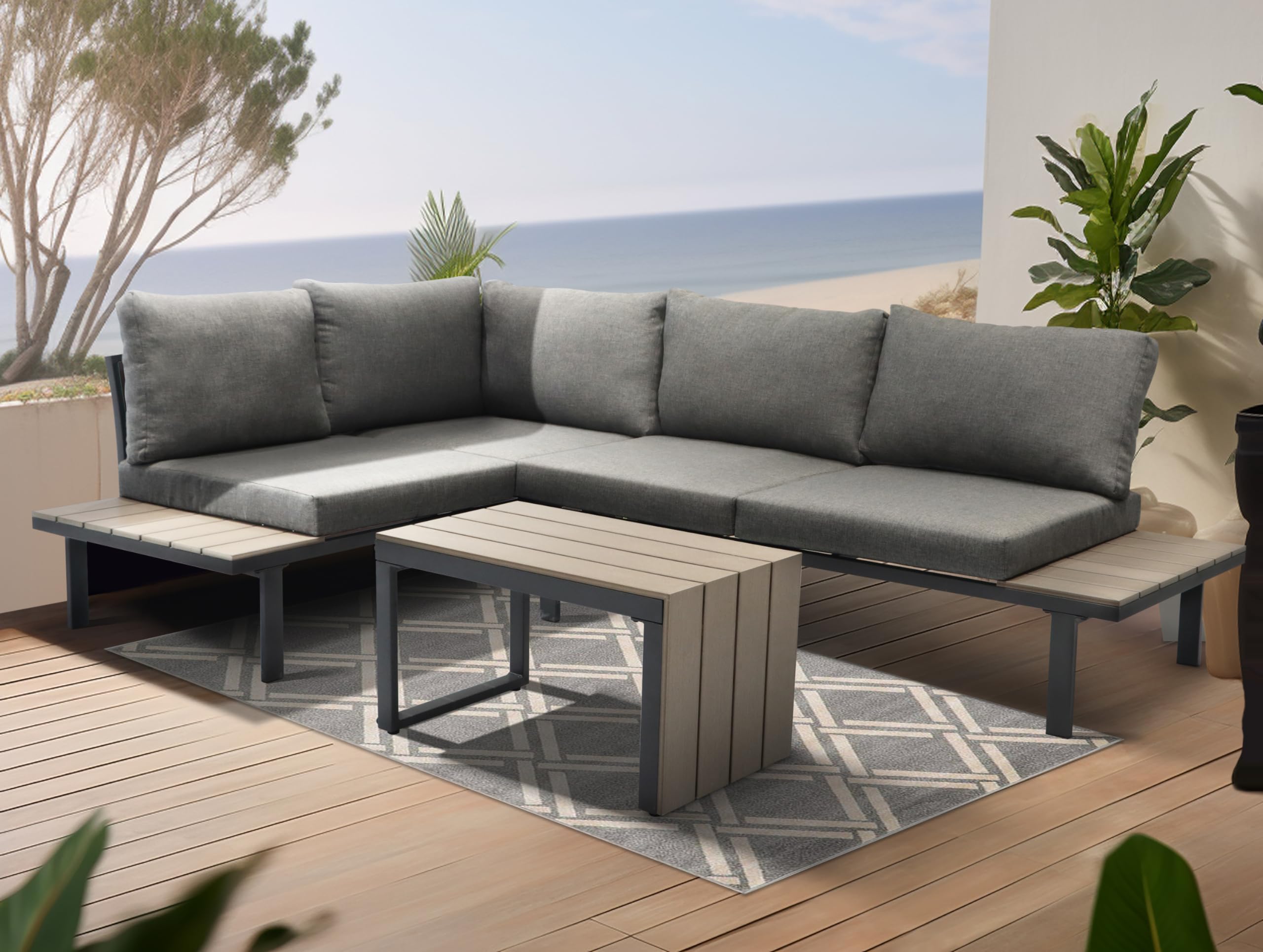 Ondis24 Lounge-Set Gartenmöbel Ecksitzgarnitur, Sitzgruppe für 4-5 Personen, Gartenlounge mit Tisch Sitzkissen, Balkonmöbel Essgruppe Garten, Lounge Sitzgarnitur
