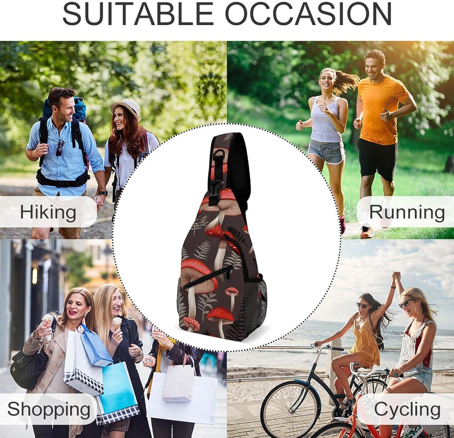 Red Mushrooms Sling Bag Lightweight Crossbody Chest Pack Travel Shoulder Bag with Adjustable Strap