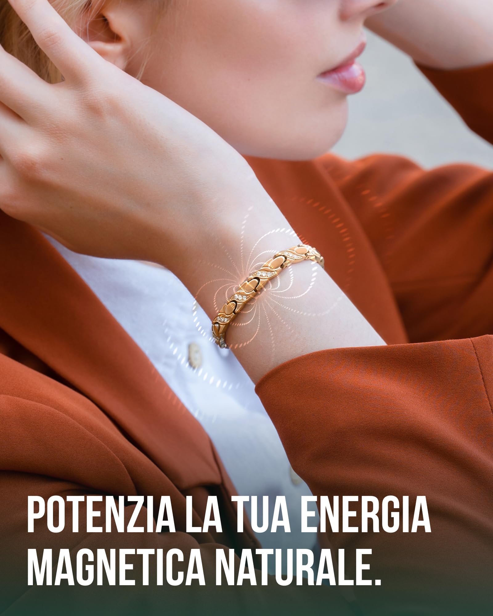 MagnetRX® Bracciale Magnetico Donna Ultra Forte – Bracciale Benessere con Doppio Magnete in Acciaio Inox e Cristalli – Magnetico Regolabile con Strumento di Misura (Oro Rosa)