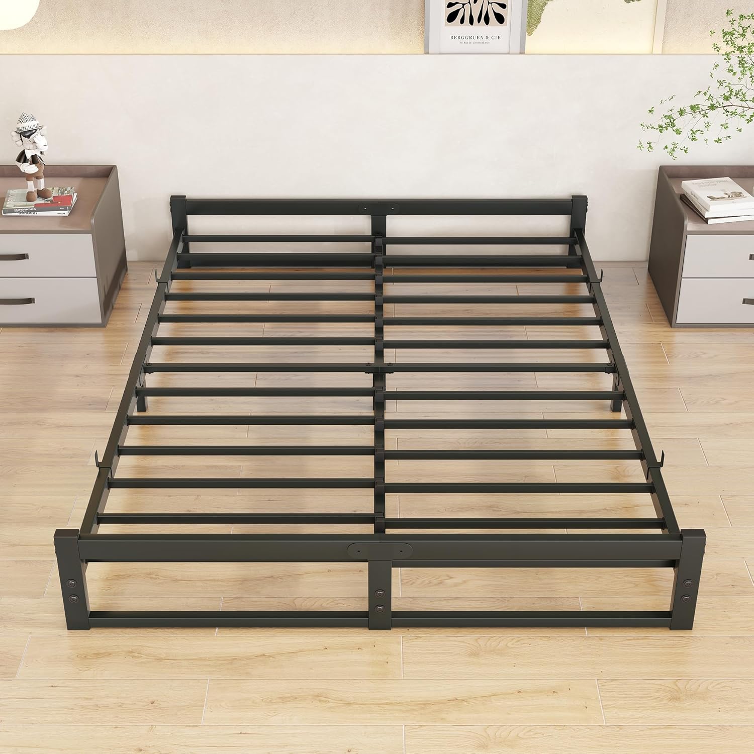 Queen Bed Frame No Box Spring Need, 6 Inch Low Profile Bed Frame Queen Size Metal Platform Floor Bed Frames with Heavy Duty Steel Slats,Noise Free Mattress Foundation,Black Bed Base - Image 5