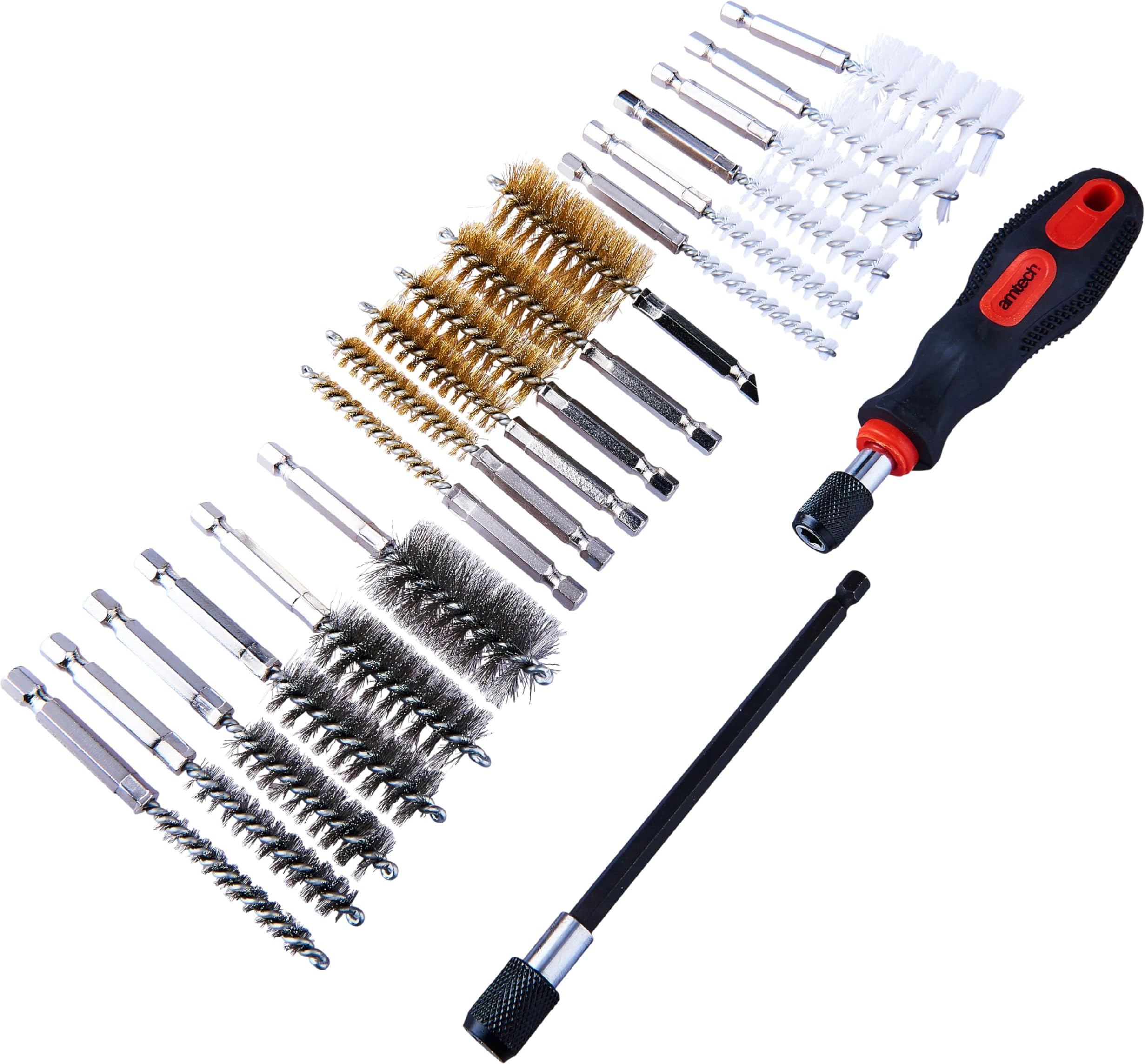 Amtech - Set of Small Wire Brushes for Cleaning, Made from Tough Steel, Glass, and Nylon, Versatile Choice of Sizes with 1/4” Hex Drive Shank, Comfortable Handle, Extended Reach (20pc)