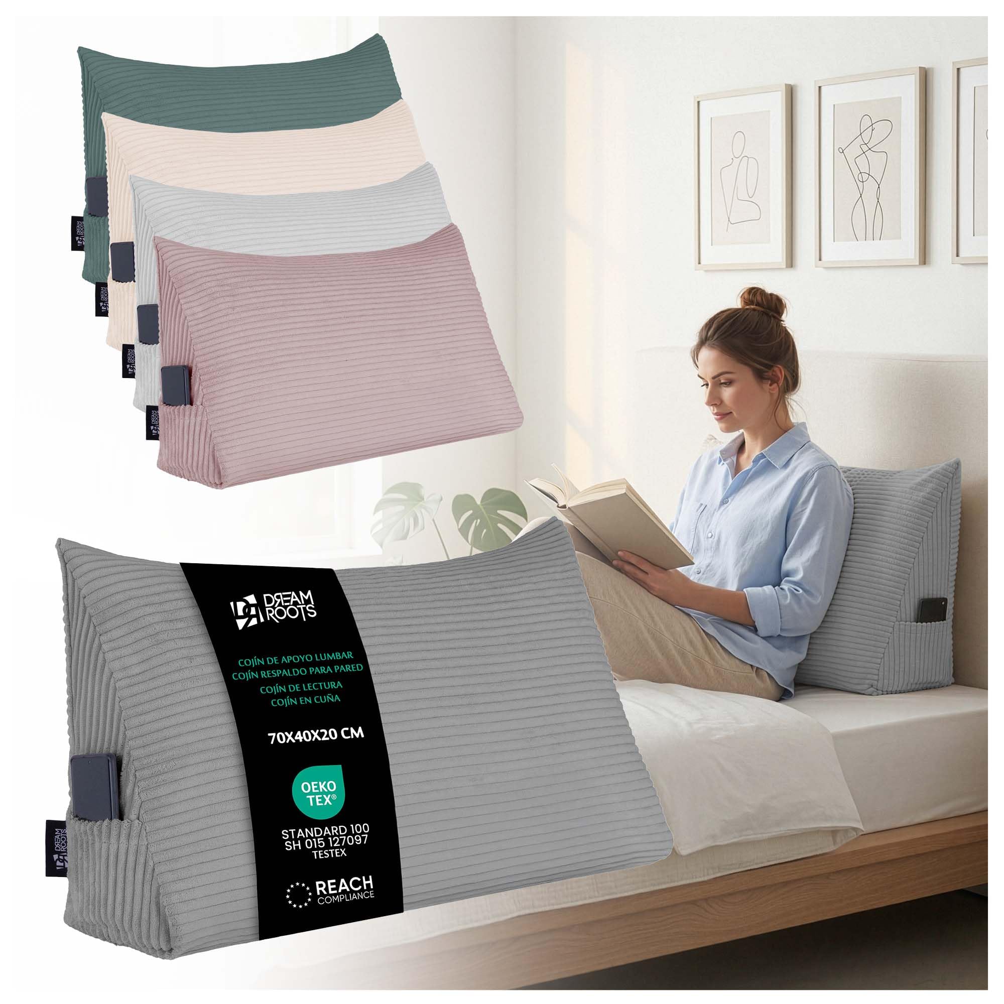 DreamRoots Cojín Respaldo para Sofá y Cama - Almohada de Lectura Triangular, 70x40x20 cm Pana 380 g/m², Funda Extraíble y Lavable, Bolsillo Lateral - Cojines Grandes Gris Oscuro