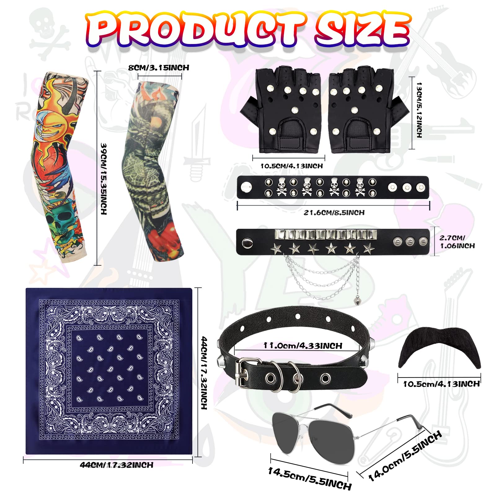 10 sztuk akcesoriów do kostiumu rockowego, 70/80/90., punk, gotycki, rockowy, z bandaną, tatuażem, rękawami, rękawiczkami, bransoletką, okularami, wąsami, obrożą, pierścionkami dla mężczyzn i