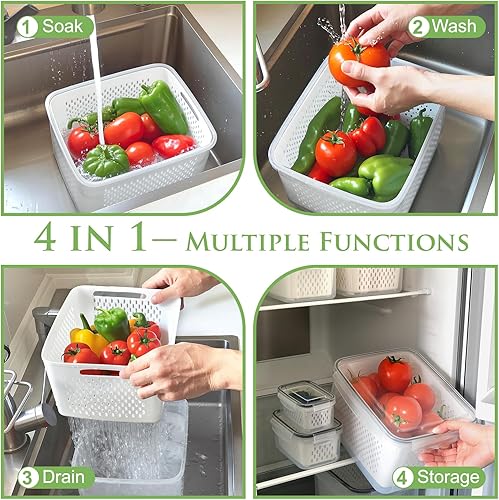 Miniatura 3 de Paquete de 6 recipientes de frutas para refrigerador, recipientes de almacenamiento de frutas para refrigerador con coladores extraíbles, aptos