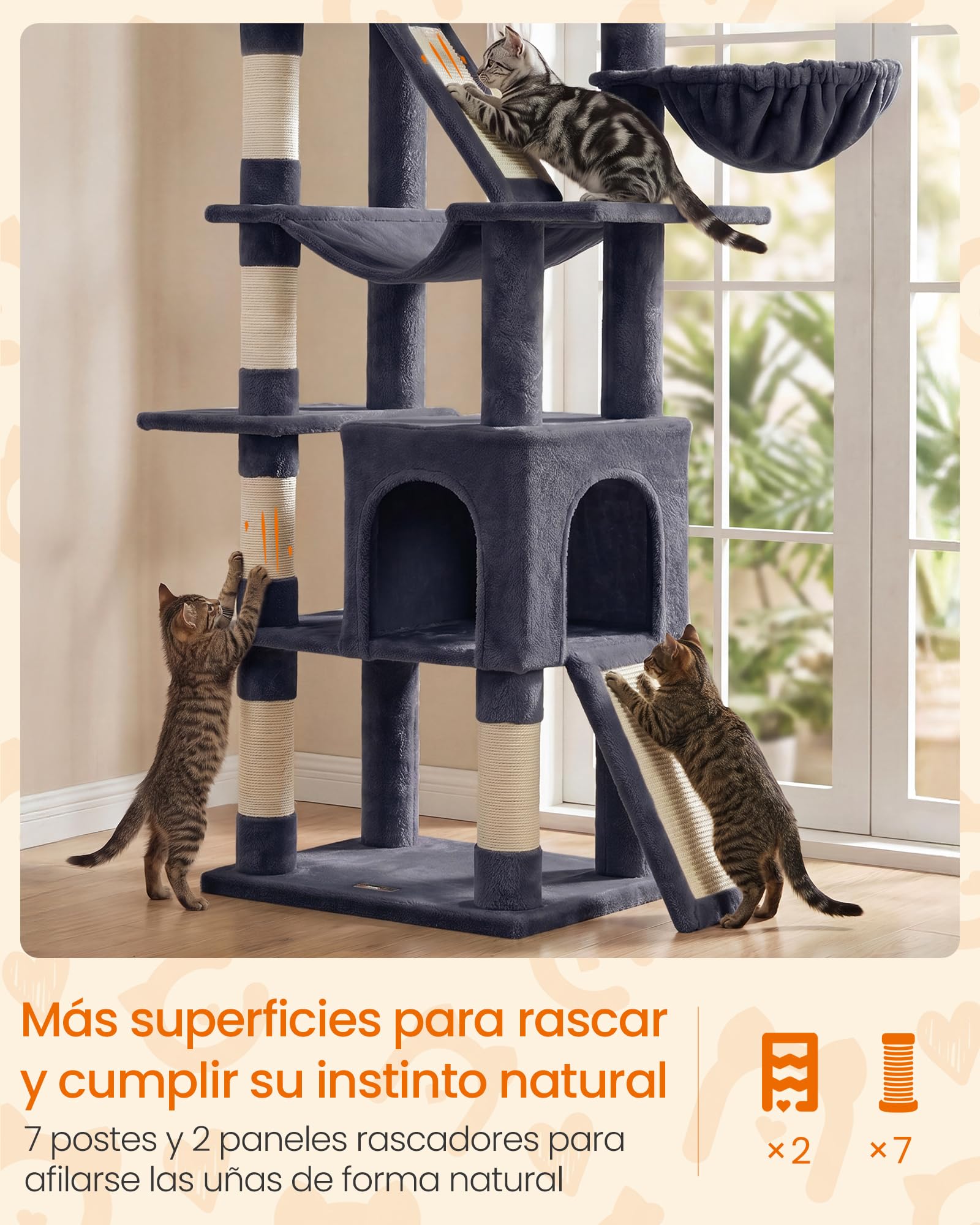 Feandrea Árbol para Gatos XXL, Torre con Postes de Sisal, Rascador para Varios Gatos Grandes, 7 Áreas de Descanso, 55 x 45 x 205 cm, Gris Oscuro, Colección Clawfy PCT021G201