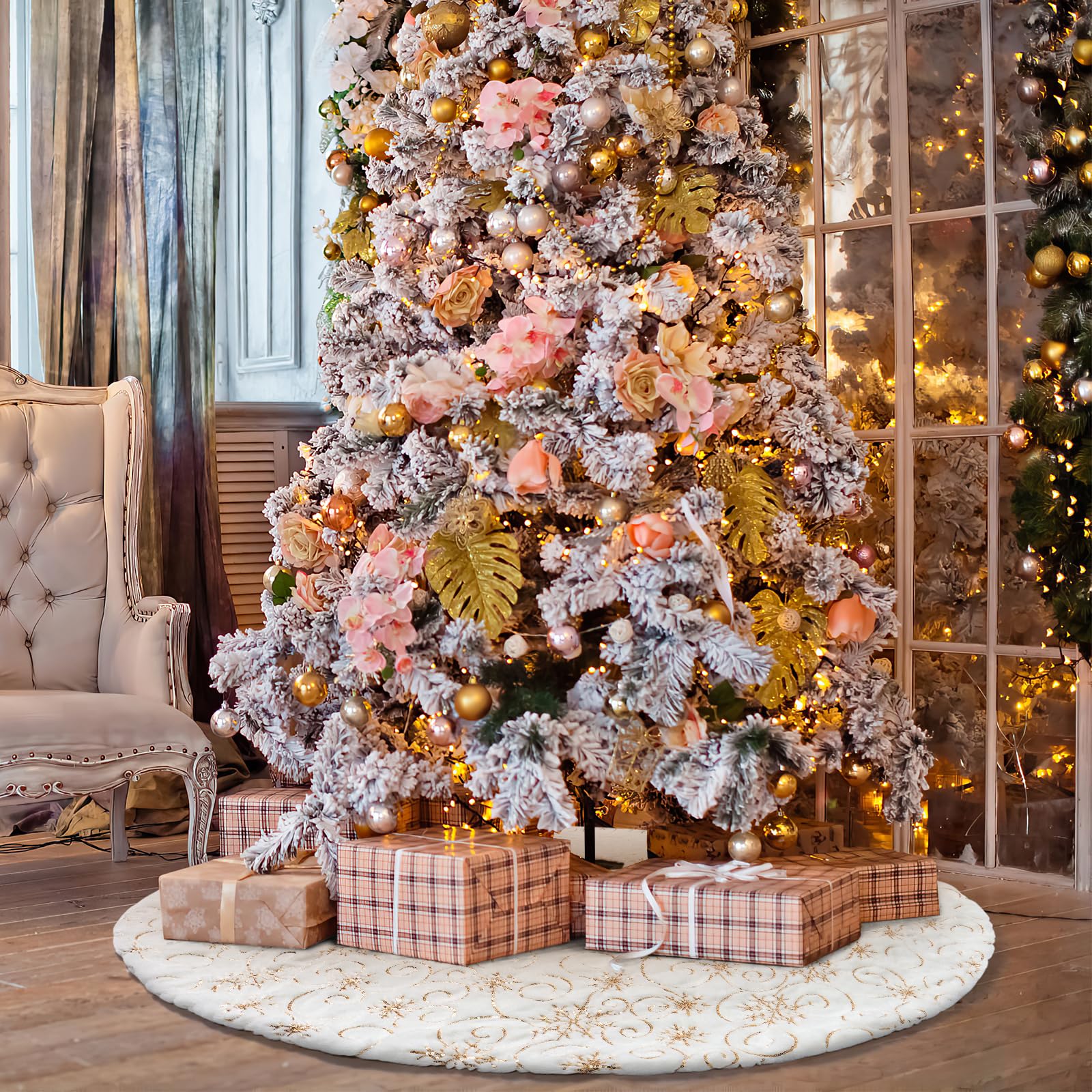 Dremisland Jupe de sapin de Noël en fausse fourrure avec flocons de neige à paillettes brodés pour Noël, Nouvel An, vacances, décoration d'intérieur (122 cm, doré)