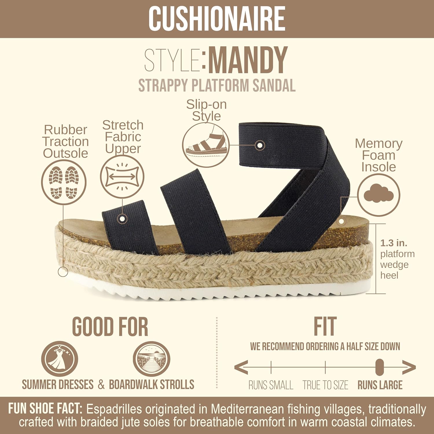 CUSHIONAIRE Mandy Wedge Sandals for Women – Strappy Platform Sandals with Arch Support, Cute Summer Espadrille-Style Platform Dressy Slip-On - Image 4