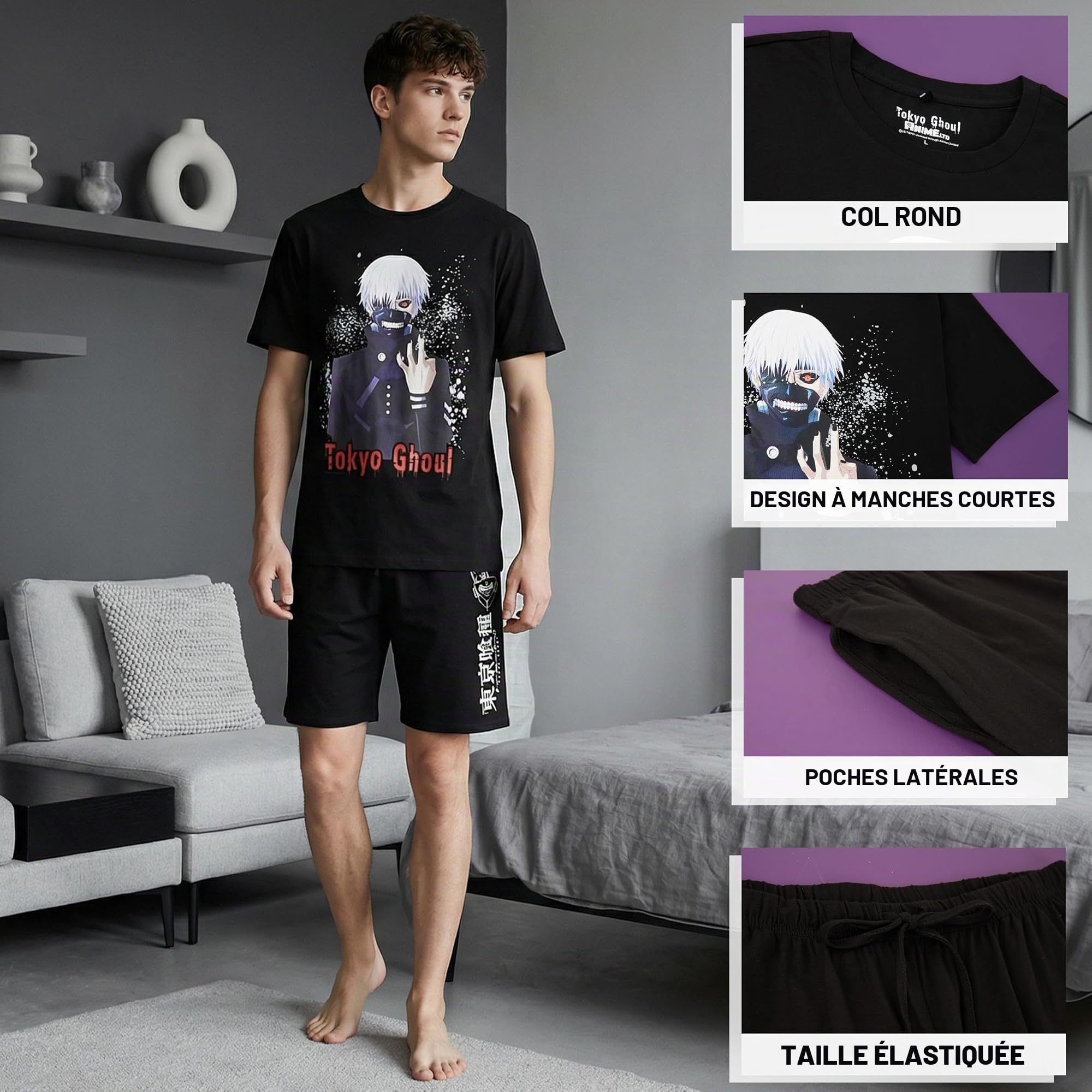 Get Trend Attack on Titan | Death Note | Tokyo Ghoul Pyjama Homme XS-XL, Pyjama Homme Court Coton avec T-Shirt et Short, Ensemble Pyjama Homme Été, Idée Cadeau Anime