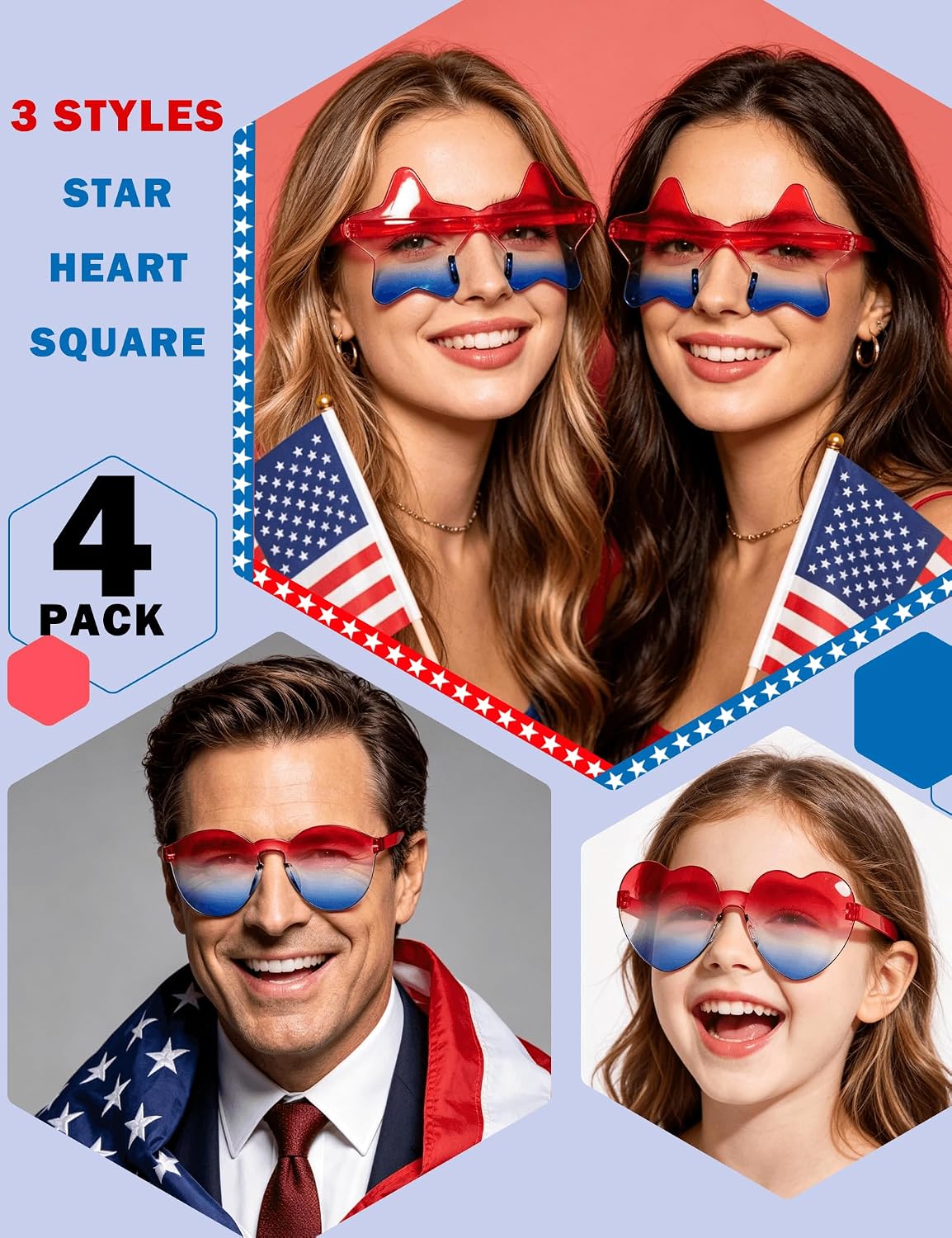 4th of July Glasses 4 Pack Patriotic Star Heart Shaped Sunglasses, USA Red White Blue Accessories, Independence Day Decorations, Memorial Day Party Favors