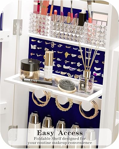 Miniatura 8 de Armario de joyería con espejo de pie de longitud completa con luces, almacenamiento y estante giratorio, color blanco