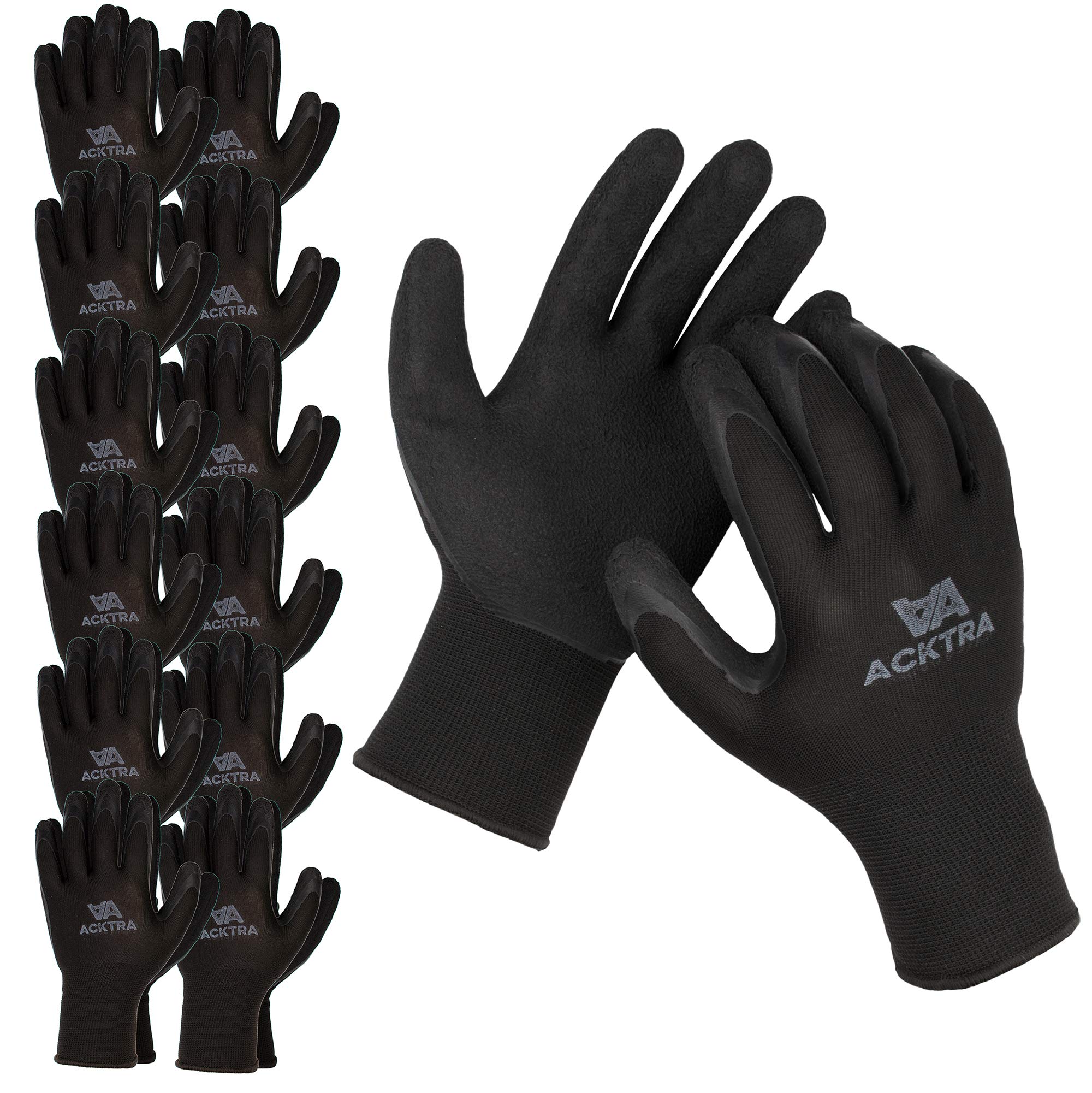 ACKTRA Guantes de trabajo de seguridad de nailon recubierto, 12 pares, puño de muñeca de punto, multiusos, para hombres y mujeres, WG009 poliéster negro, látex negro, XL