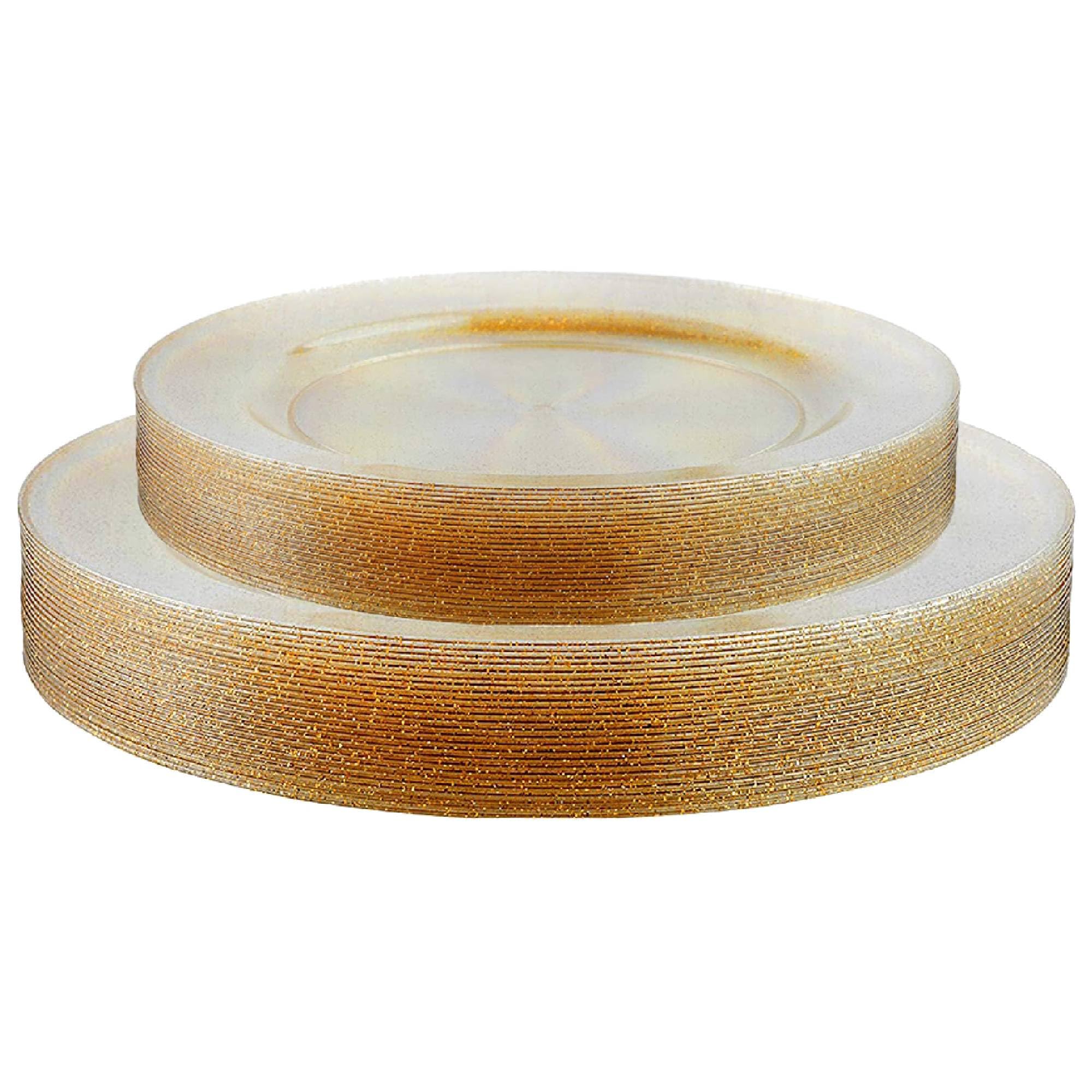 MATANA 50 Elegant Clear Hard Plastic Dessert Plates with Gold Glitter - 19cm & 26cm, 25 of Each - Sturdy & Reusable - Weddings, Birthdays, Baby Shower, Christmas, BBQs, Parties