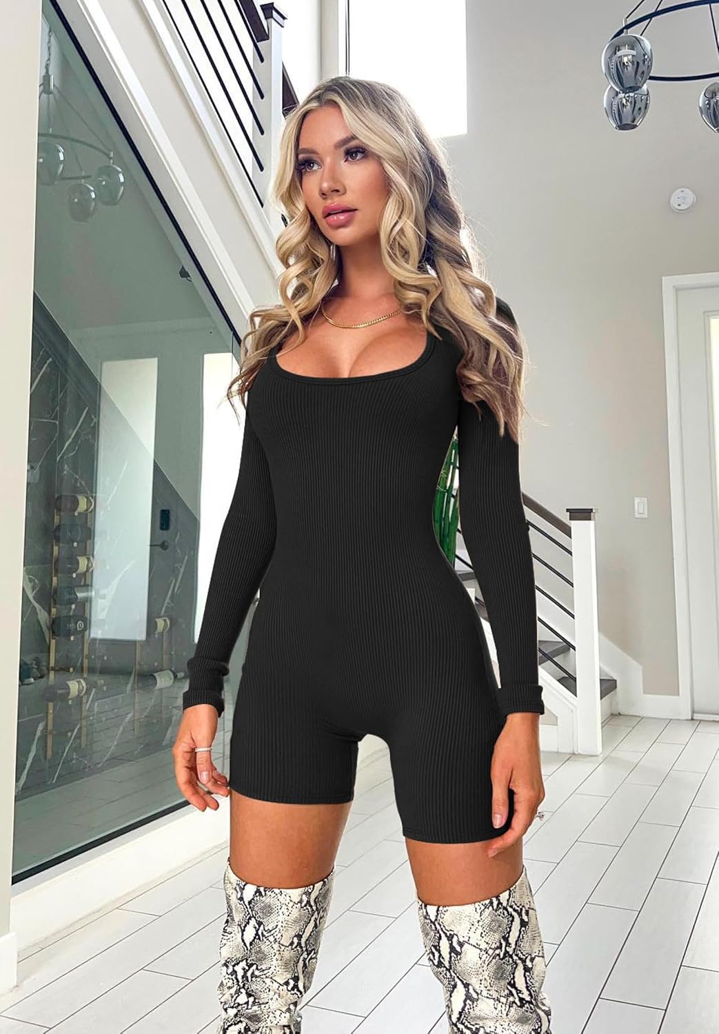 OLCHEE Womens Long Sleeve Workout Jumpsuit Square Neck Ribbed Seamless Yoga Romper Sexy Bodycon Tummy Control Unitard Onesie - Image 2