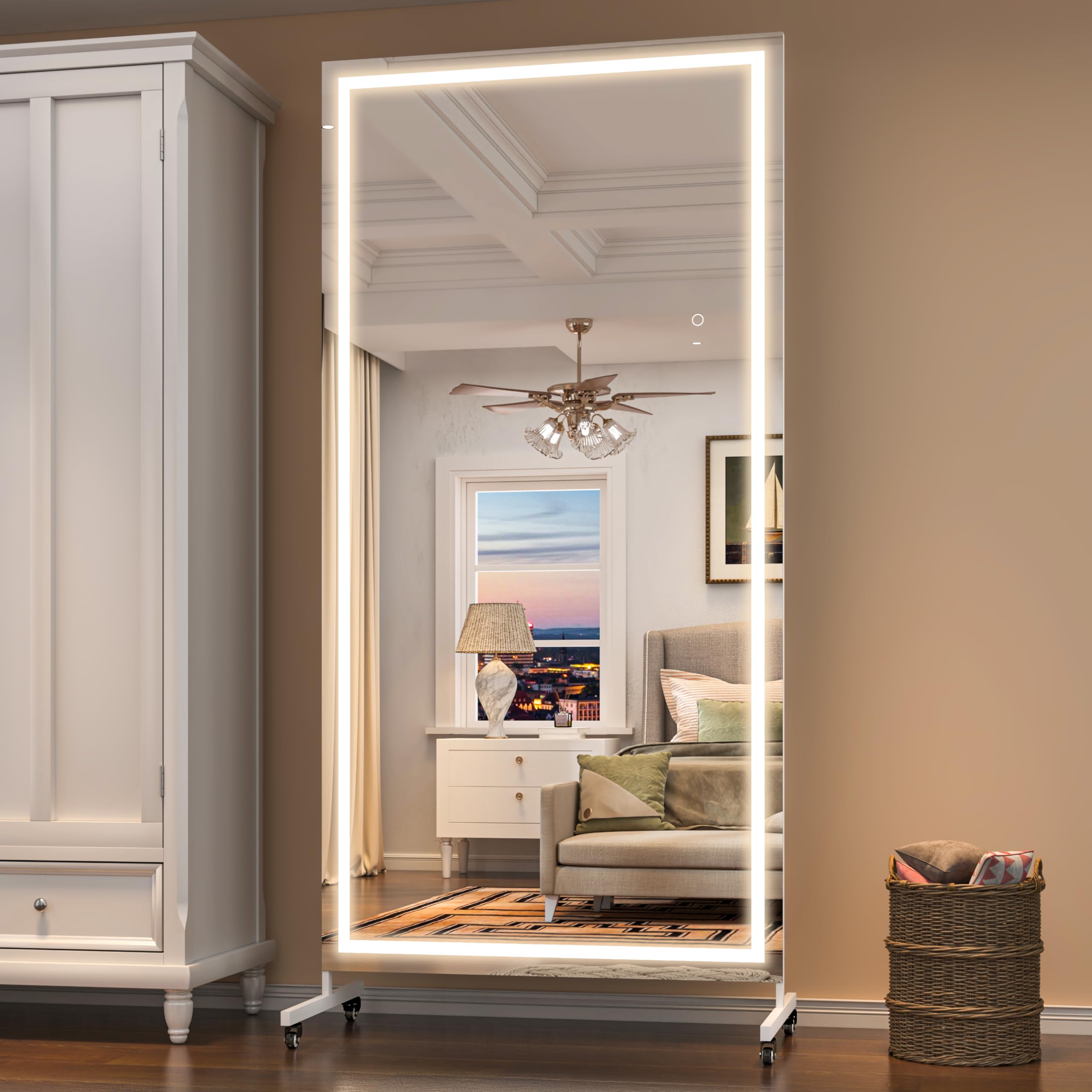 Condition photo showing New/Like New for hasipu 75" x 32" led full length mirror on wheels, 360° swivel, white | 3-color dimmable brightness, tempered glass & metal frame, lockable wheels, sturdy stand, for gym, yoga