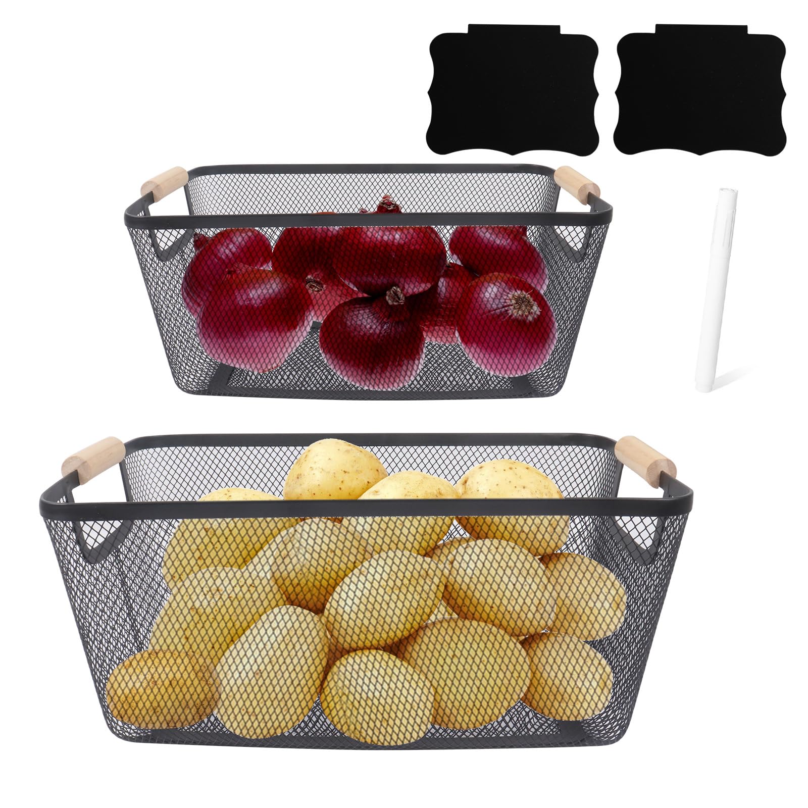 2 Set Vegetable Storage Rack, Potato Onion Storage Bins, Kitchen Counter Basket with Wooden Handles, Metal Mesh Baskets for Vegetable, Fruit, Produce - Black