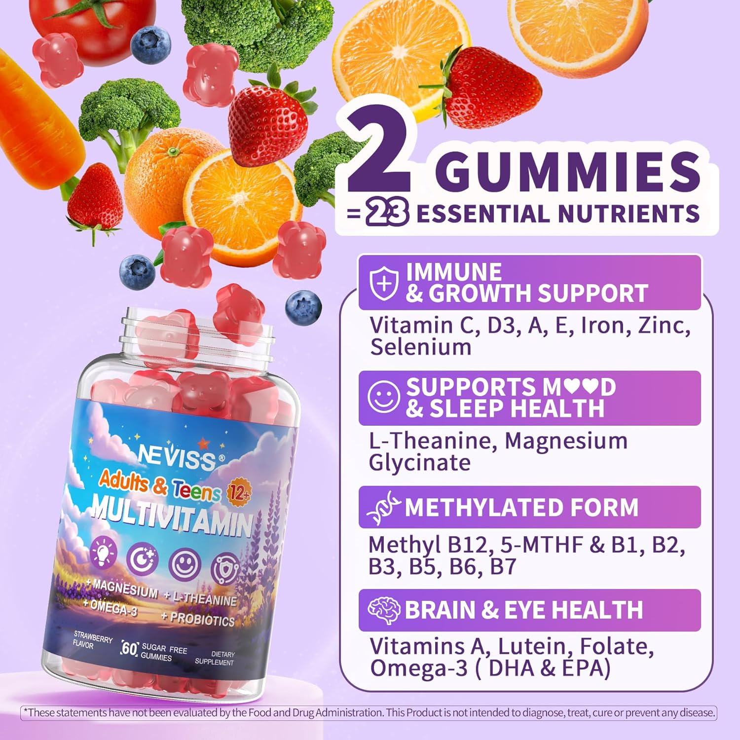 Teen Vitamins + Magnesium Glycinate for Boys Girls 12-17, Teens Methylated Multivitamin Gummies w/ Omega-3, L-Theanine for Teenager Kids Calm Focus Gummy Supplment, 23-IN-1 Formula, Sugar Free, 120ct - Image 7