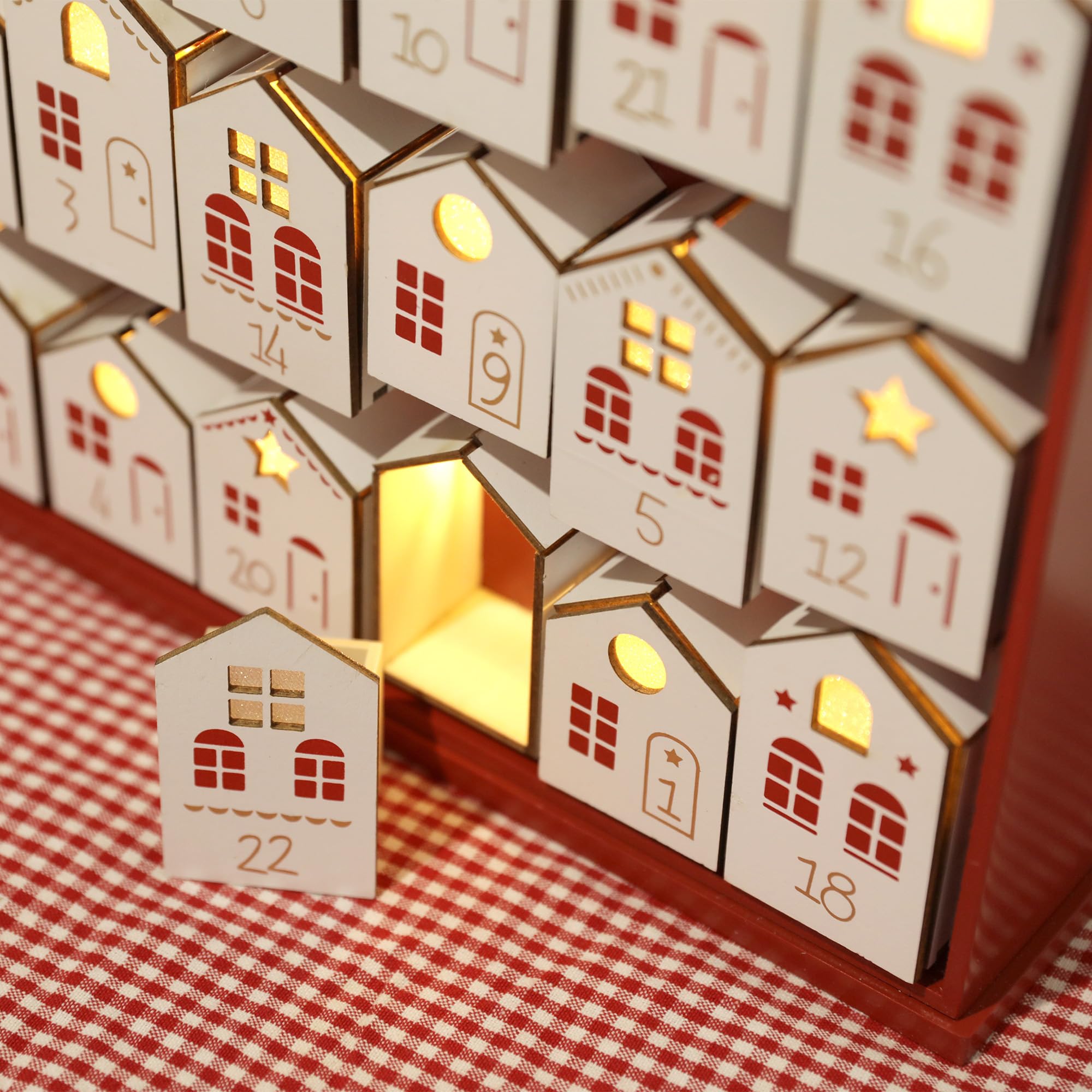 Adventskalender 2024 aus Holz mit LED-Lichtern, Weihnachts-Countdown-Kalender, Schubladen in Hausform für Kinder und Erwachsene, wiederverwendbare Urlaubsdekoration,