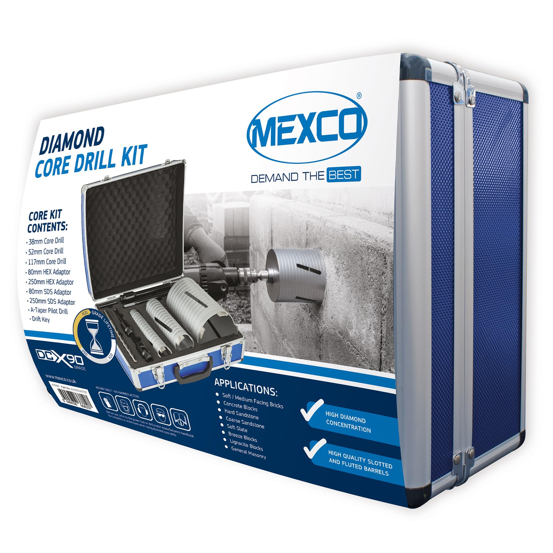 Wiertnica diamentowa Mexco DCX90 do wiercenia na sucho, wysokowydajna, diamentowa, rdzeniowa do wiercenia w materiałach murowych – 38 mm–117 mm, 9-częściowy zestaw z walizką