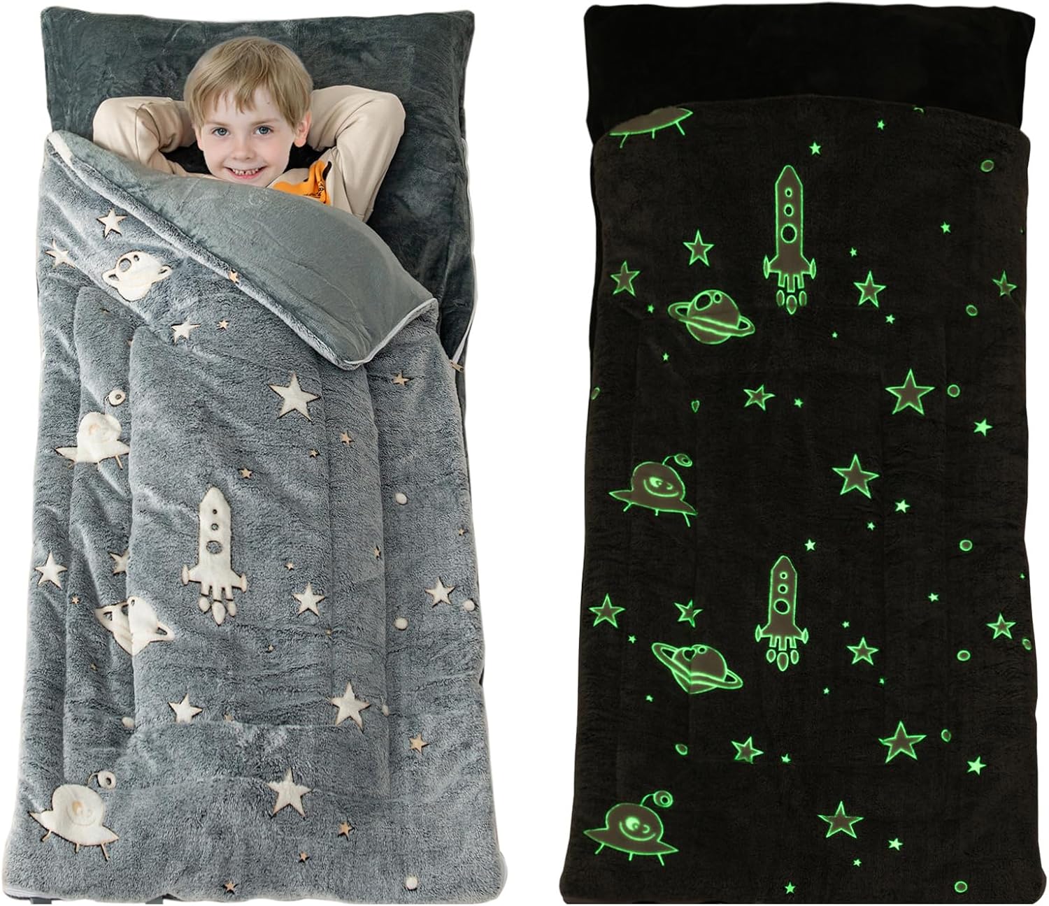 Sleeping Bag for Kids with Pillow and Blanket, Toddler Nap Mat 63" x 30" Glow in The Dark Blanket with Roll Up Design, Perfect for Preschool, Daycare, Kindergarten