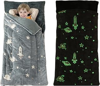 Sleeping Bag for Kids Toddler Nap Mat 63" x 30" Toddler Slumber Bag Glow in The Dark Blanket Fluffy with Padded Mat for Boys, Girls,Grey Space/Pink Unicorn/Rainbow Unicorn