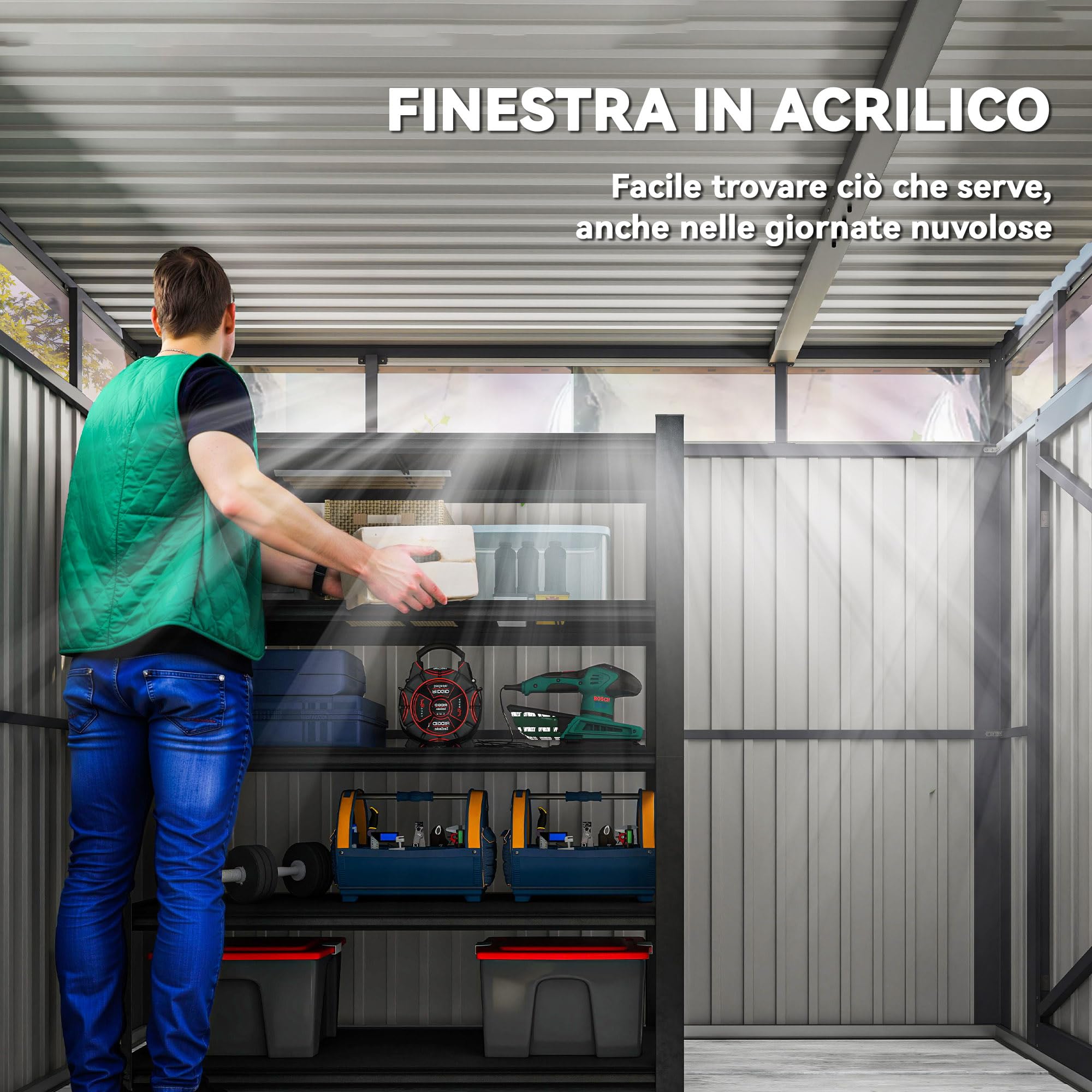 Outsunny Casetta da Giardino 4m² Acciaio Zincato con Fori di Drenaggio Finestre Trasparenti Acrilico Capanno Porta Attrezzi Tetto Grigio Scuro