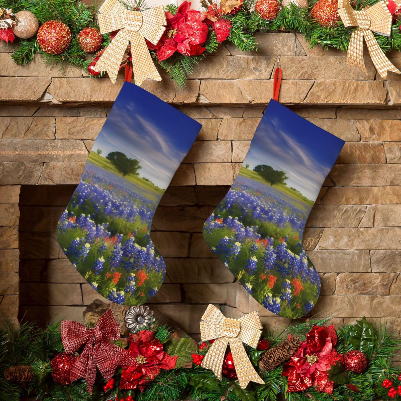 KLOPH Christmas Stockings 18" Personalized Xmas Stocking Texas Bluebonnets Scenery Decoration Stocking Hanging Fireplace Stocking for Holiday Xmas Tree Christmas Fireplace Decor