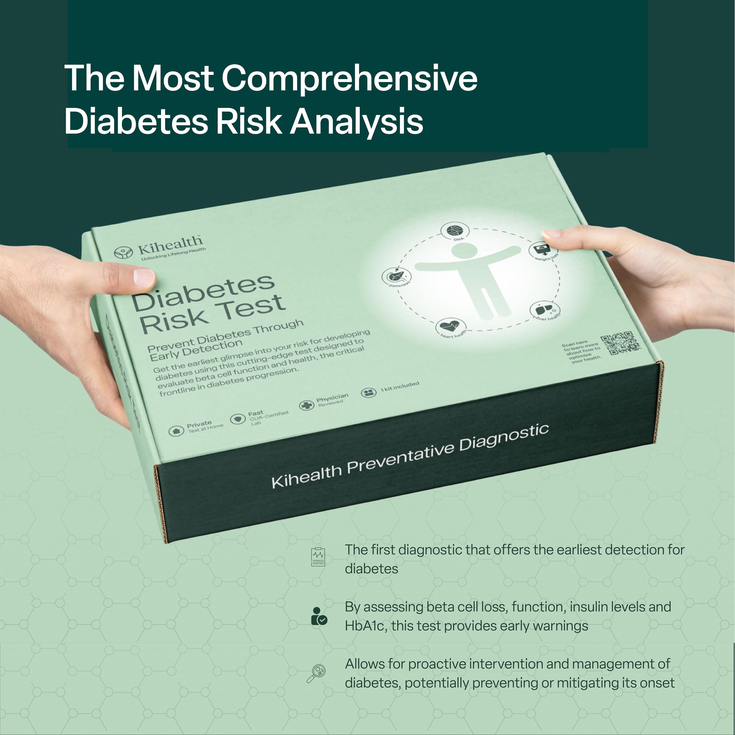 Kihealth Diabetes Risk Test Early Detection Diabetes Prevention Test Kit with Comprehensive Beta Cell Assessment, Insulin Levels, and HbA1c Analysis, Fast Results, CLIA Certified Labs
