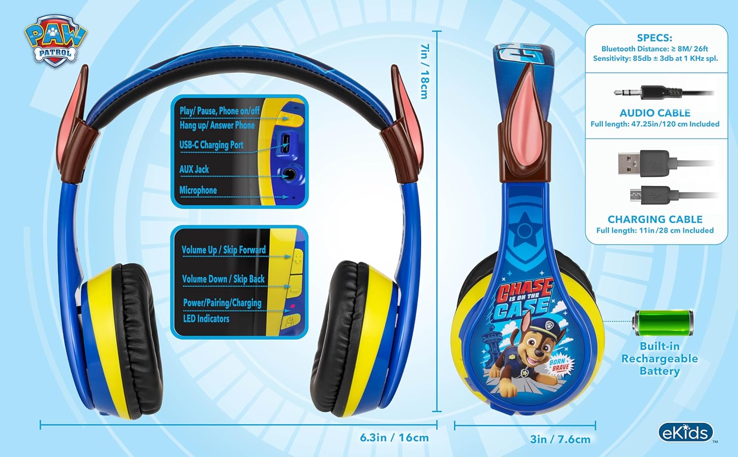 eKids Paw Patrol Chase Bluetooth Headphones for Kids, Wireless Headphones with Microphone Includes Aux Cord, Earphones for School, Home, or Travel (Paw Patrol Chase) - Image 5
