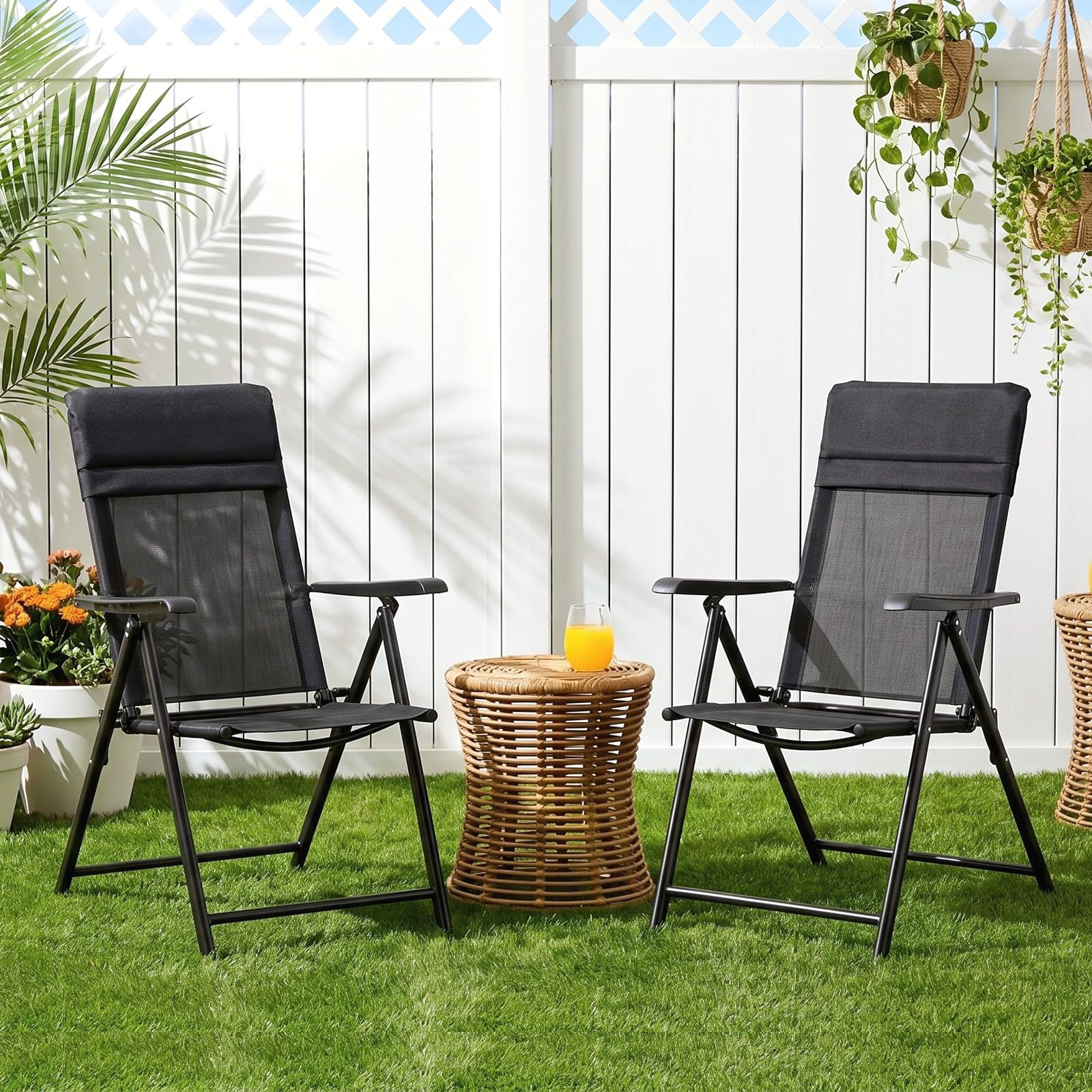 VOWNER Pack de 2 Sillas de Jardín Plegables – Silla Exterior con Respaldo Alto y Reposacabezas Extraíble – Sillones de Jardín de Textileno Transpirable y Metal – Ideal para Terraza, Balcónm, Negro