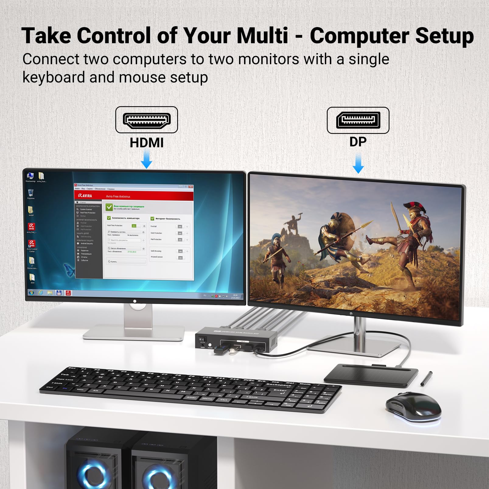 HDMI Displayport KVM Switch 2 PC 2 Monitore, 8K60Hz 4K120Hz USB 3.0 Dual Monitor HDMI DP KVM Switch für 2 PCs Verwaltung über 1 Satz Tastatur, Maus und 2 Monitore