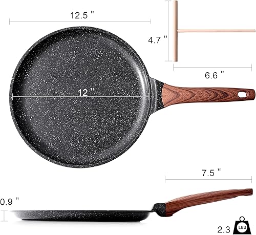 Miniatura 6 de Kordisen Sartén para crepas antiadherente, sartén Dosa de 12 pulgadas con esparcidor, revestimiento de granito Comales para tortillas, parte