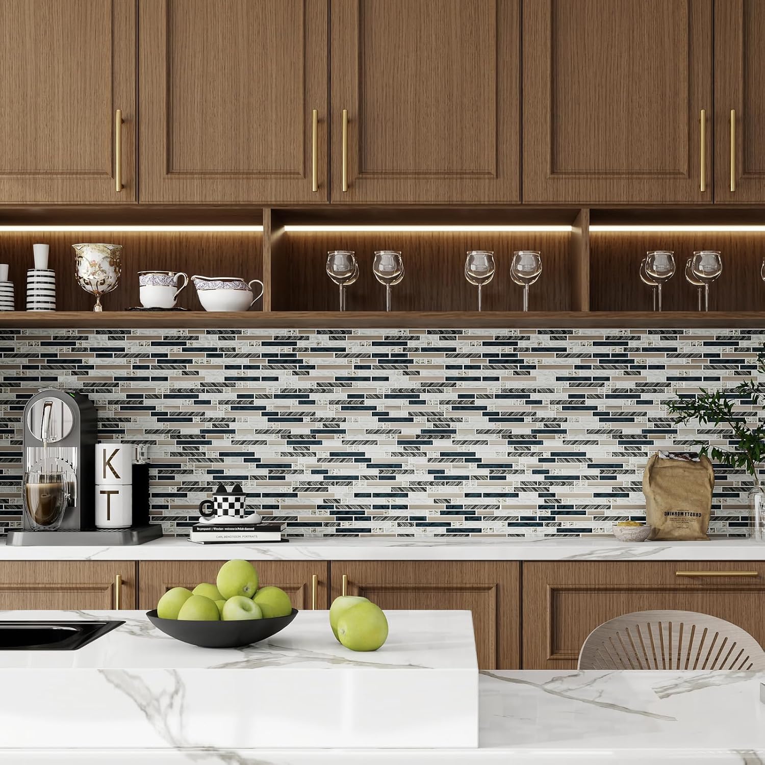 5-Sheet Glass Backsplash Tiles, 5 Square Feet Glass Mosaic Backsplash Subway Metal Tile for Kitchen Wall Bathroom