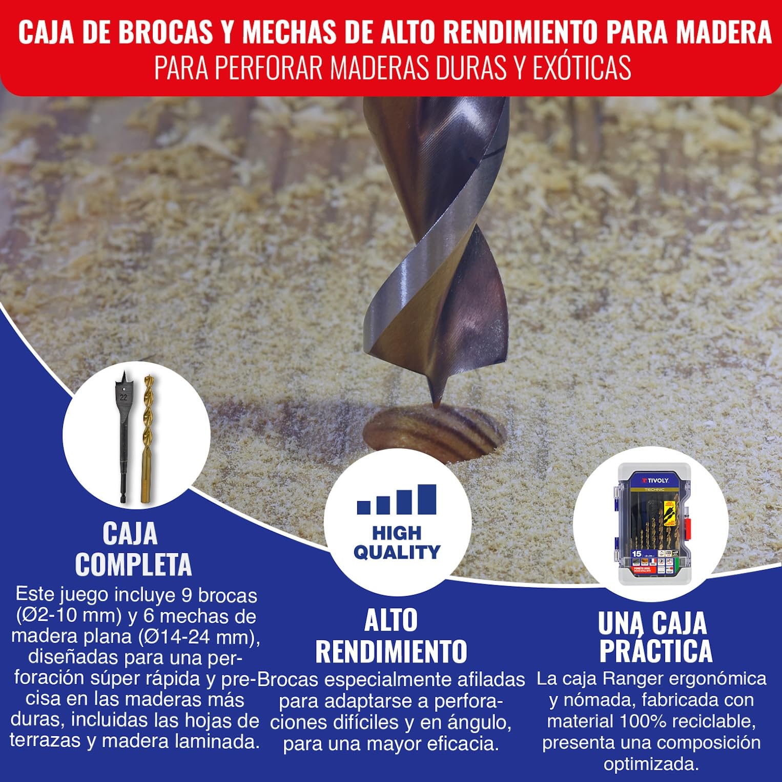 TIVOLY - Caja de Brocas + Mechas para Madera - Para Perforación Maderas Duras - Kit 15 Piezas: 9 Brocas de Madera HSS SpeedPoint Ø 2 a 10mm + 6 Mechas Planas de Madera Ø 14-24 mm