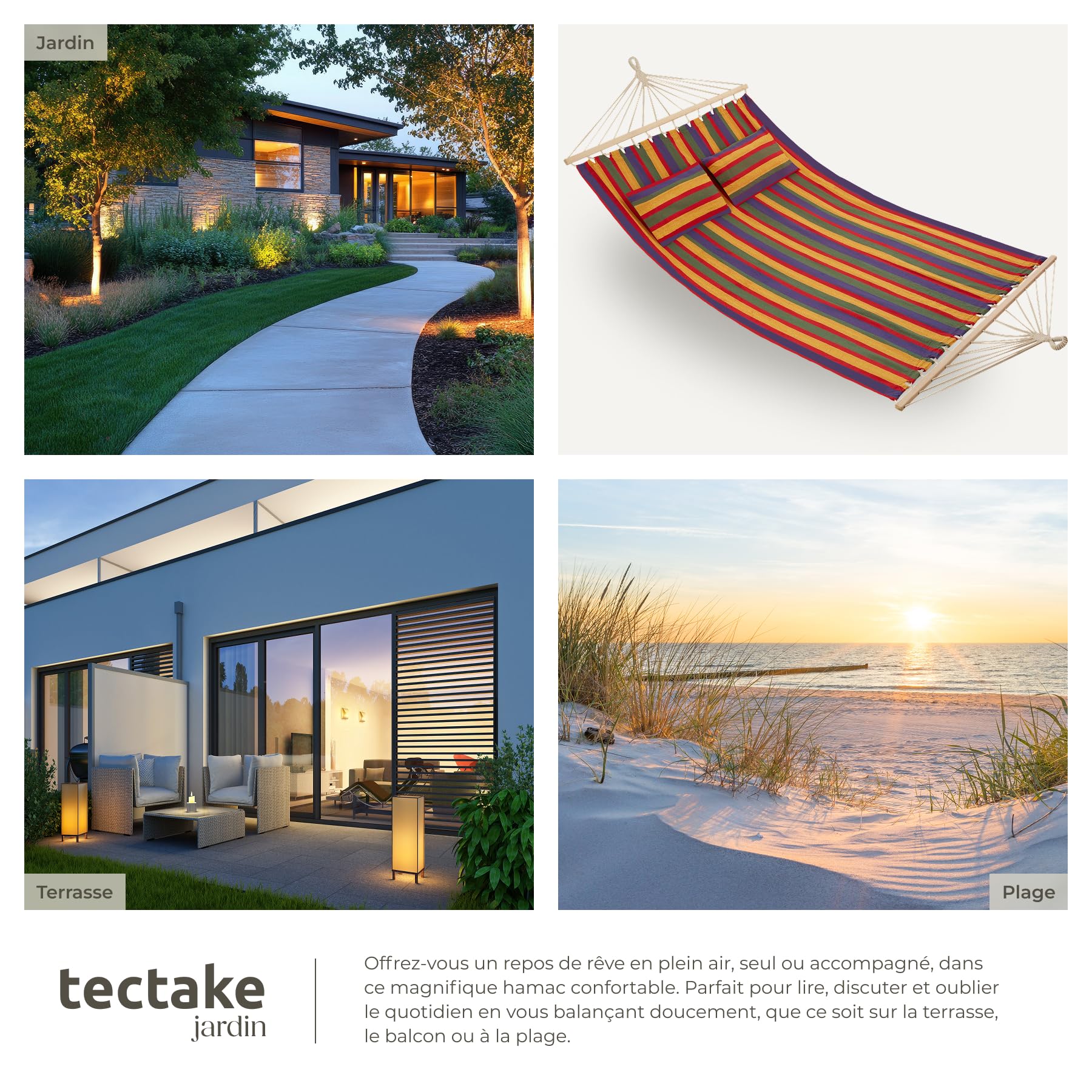 tectake® Hamac 2 Places Hamac Double Exterieur avec 2 Oreillers extérieur, 325x150x2,5 cm, Supporte Max. 240 kg, Couchage 230x 145 cm, pour Relaxation Terrasse Exterieur Piscine Jardin Balcon Veranda