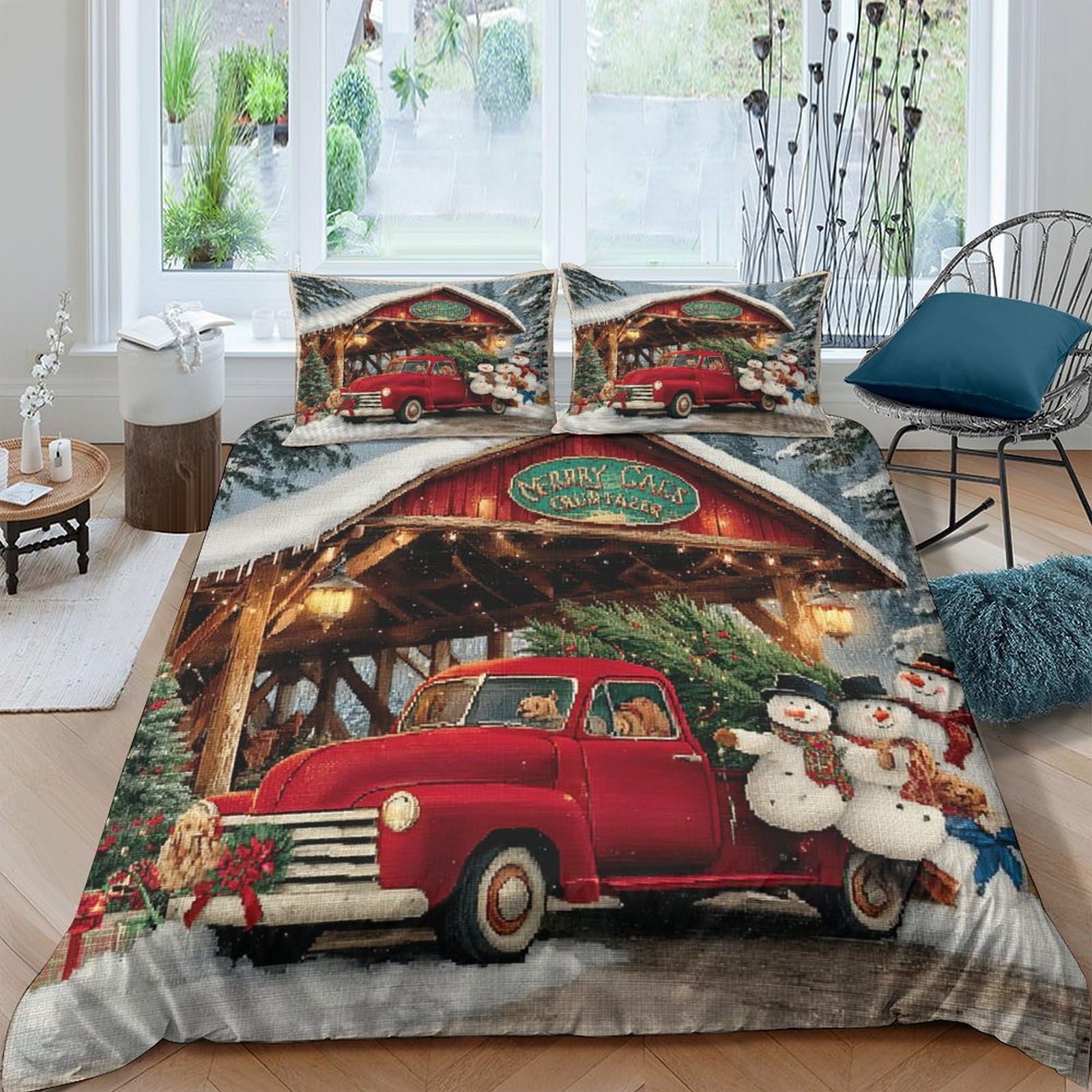 Ctjqhvkz Style-5 3D Printed Red Vintage Truck Fitted Sheet Microfiber Snowman Christmas Scene Mattress Cover For Bedroom Guest Room Decor Single（135X200cm）