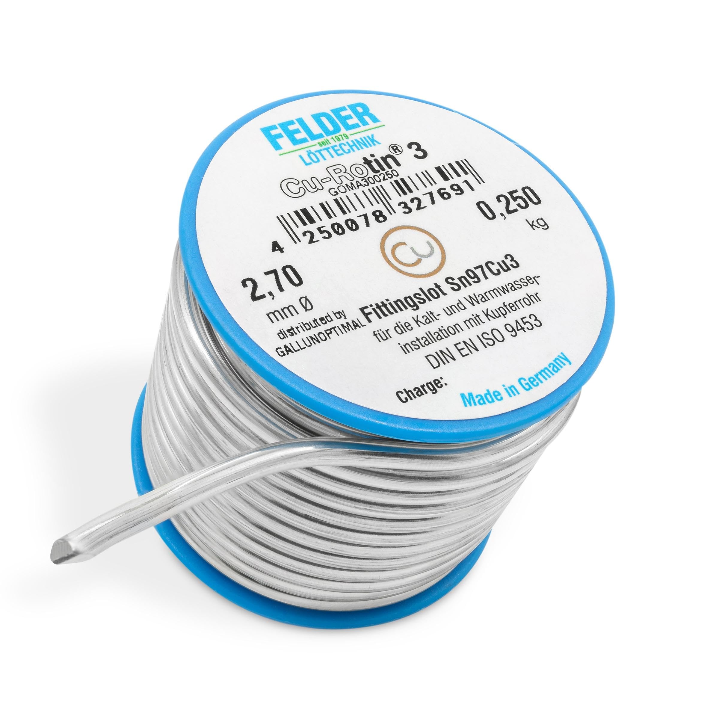 by FELDER Fittingslot Cu-Rotin 3 | Ø 2,7 mm | zum Weichlöten von Kupferrohren in der Trinkwasser- und Heizungsinstallation | Sn97Cu3 | Schmelzbereich 230-250°C | 250 g Spule